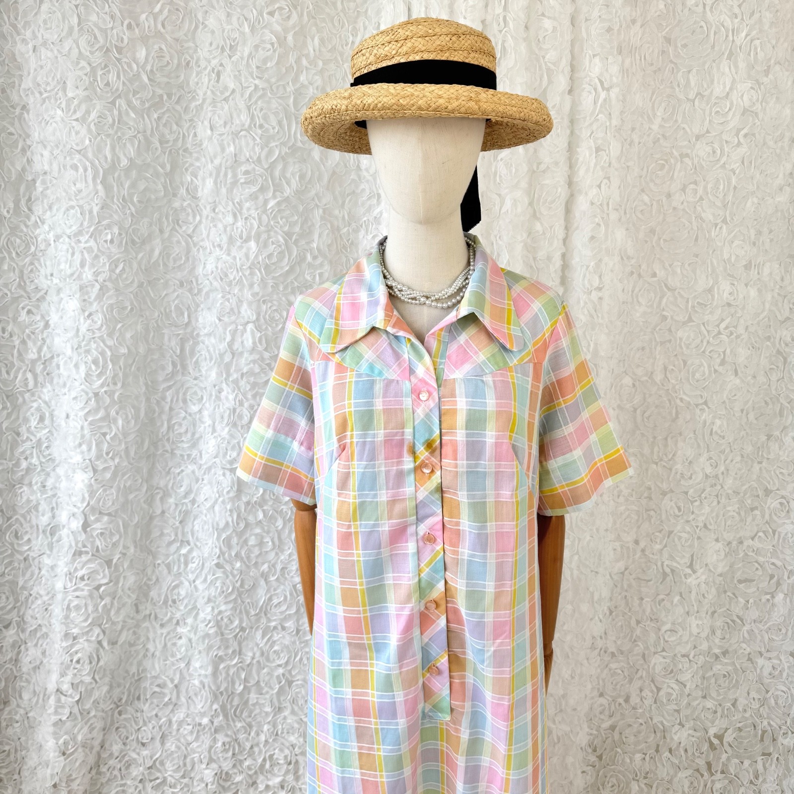Vintage 70s Style Pastel Plaid Shirt Dress Made in USA Cottagecore