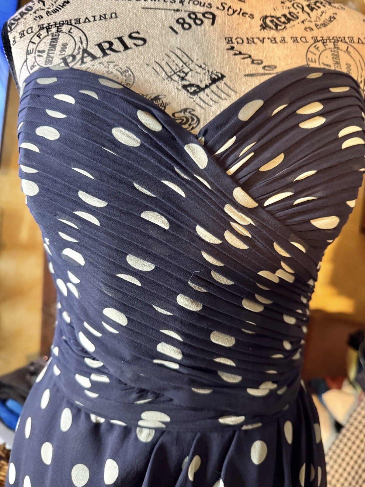 Vtg Kathryn Conover Polka Dot Navy Blue Strapless Bustier Silk Dress Ruched S M