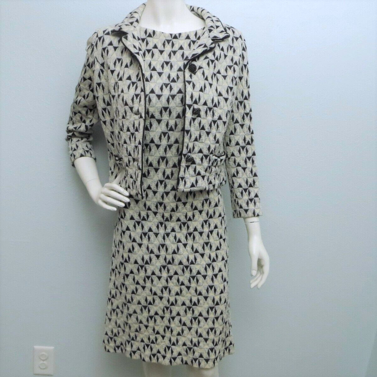 Vintage 1960s Dress Jacket Set Geometric Pattern Silver Black Cream Tannel Knits