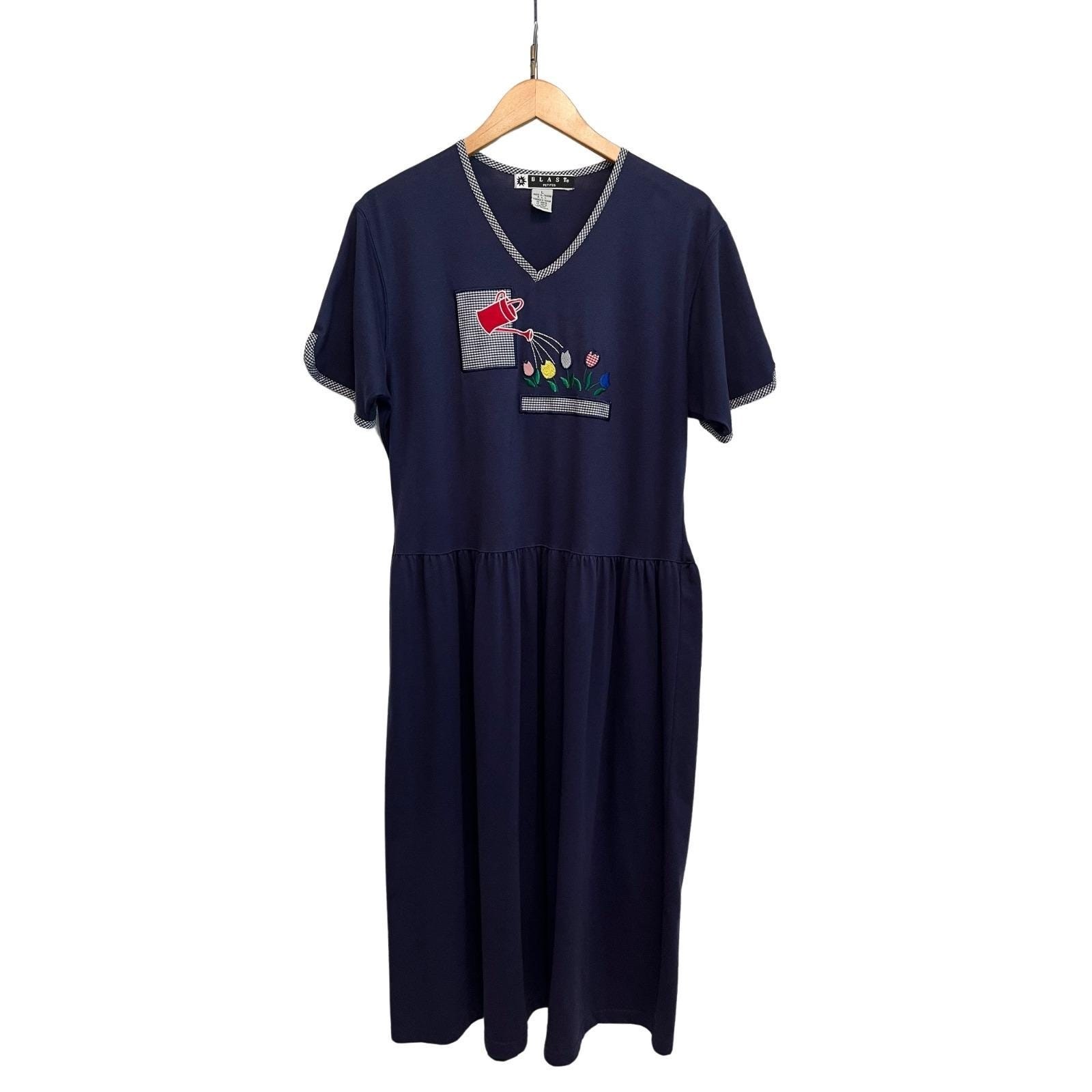 Vintage 90s Blast Petites Dress Blue Trimmed Tulip Garden Cottage Retro Knit L