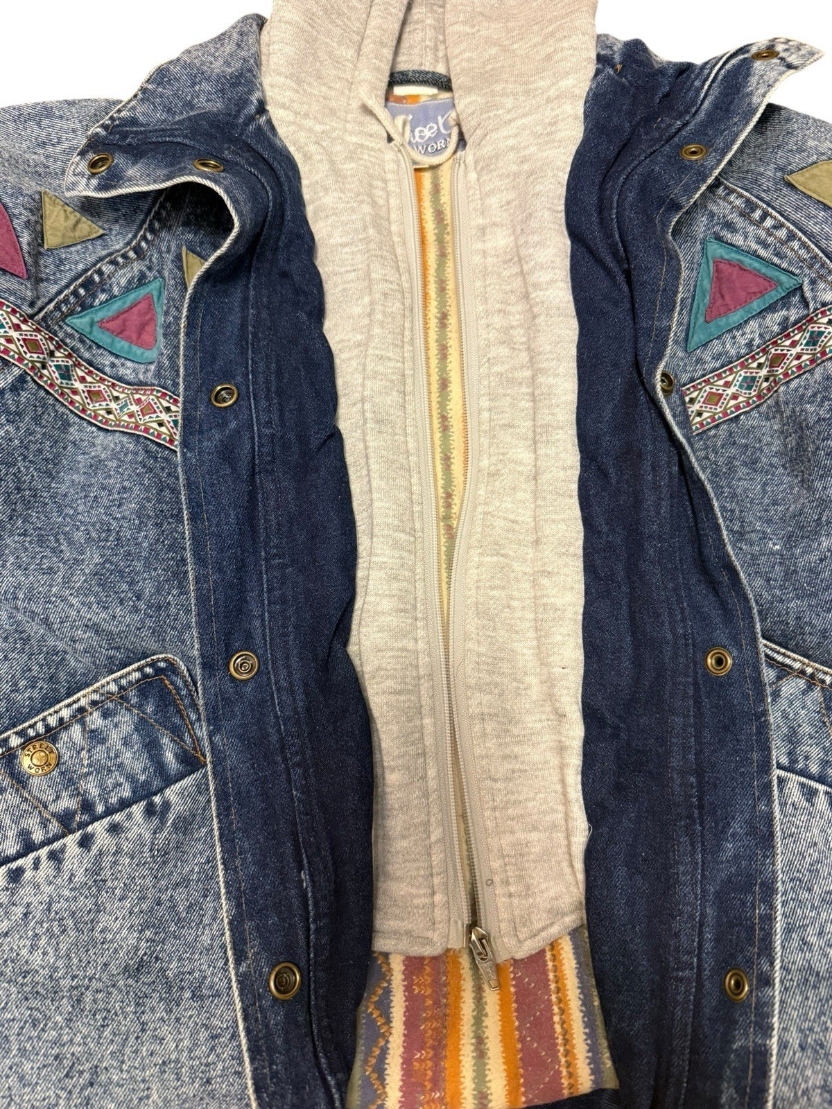 Street Worn VTG Acid Wash Denim Hoodie Jacket Aztec 90s Style Streetwear Sz 10