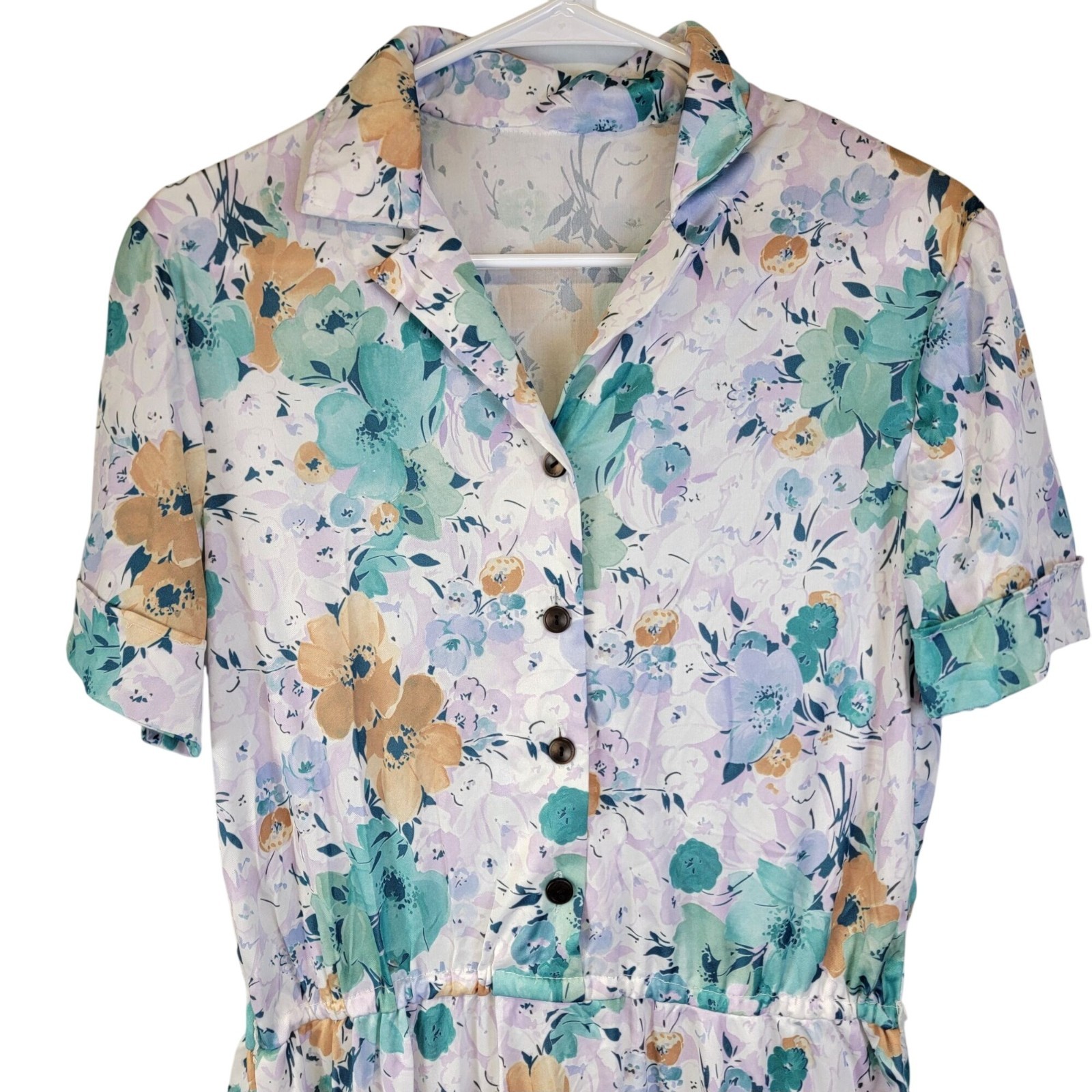 Vintage 70s Nylon Midi Shirt Dress Women Large 12 14 Blue Floral Collar Spring L