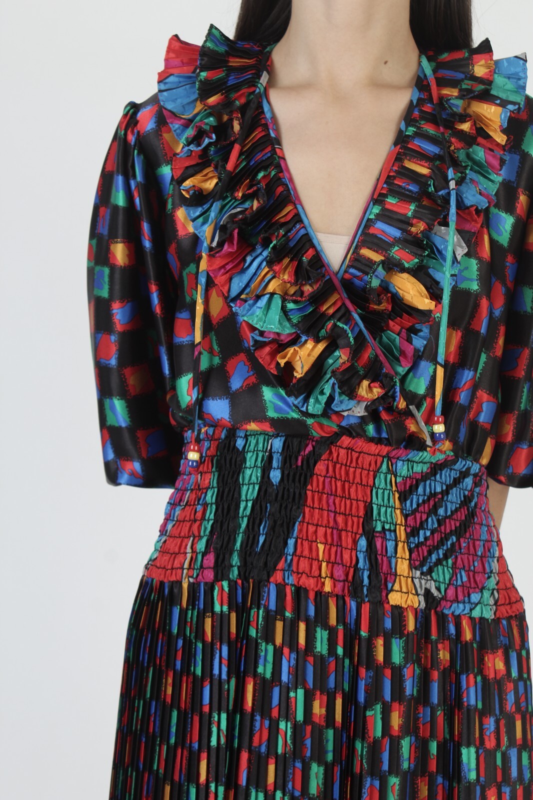 Vintage Asorti Susan Freis Dress Black Georgette Ruffle Rainbow Cocktail Midi