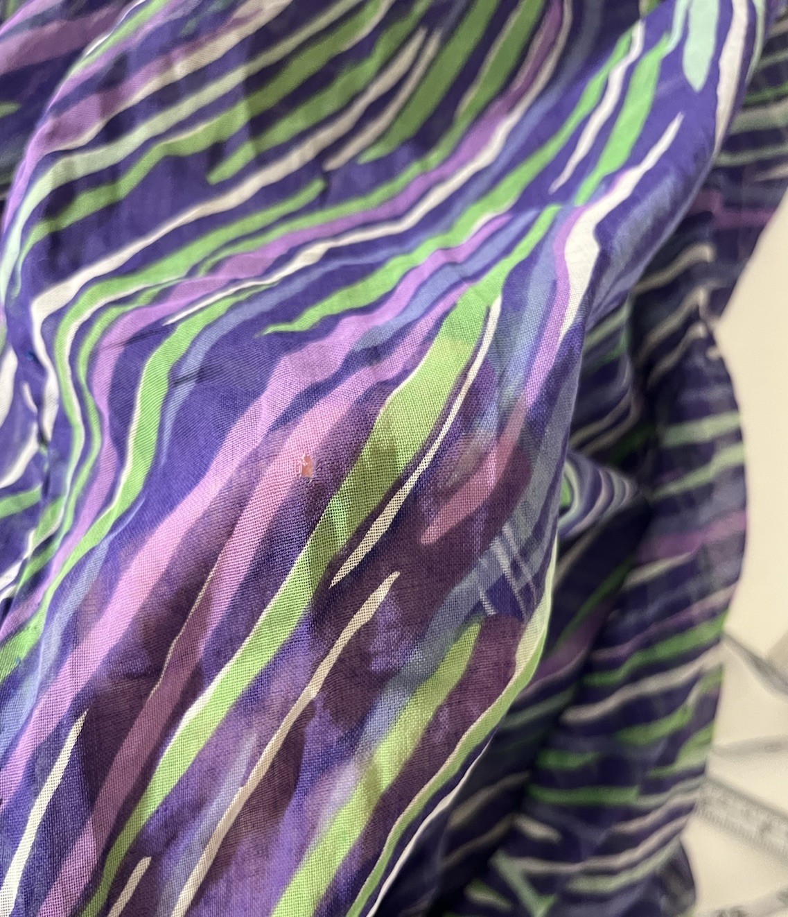 VTG Pauline Trigere Chiffon Midi Dress Abstract Geometric Wave Print 70s *NOTE
