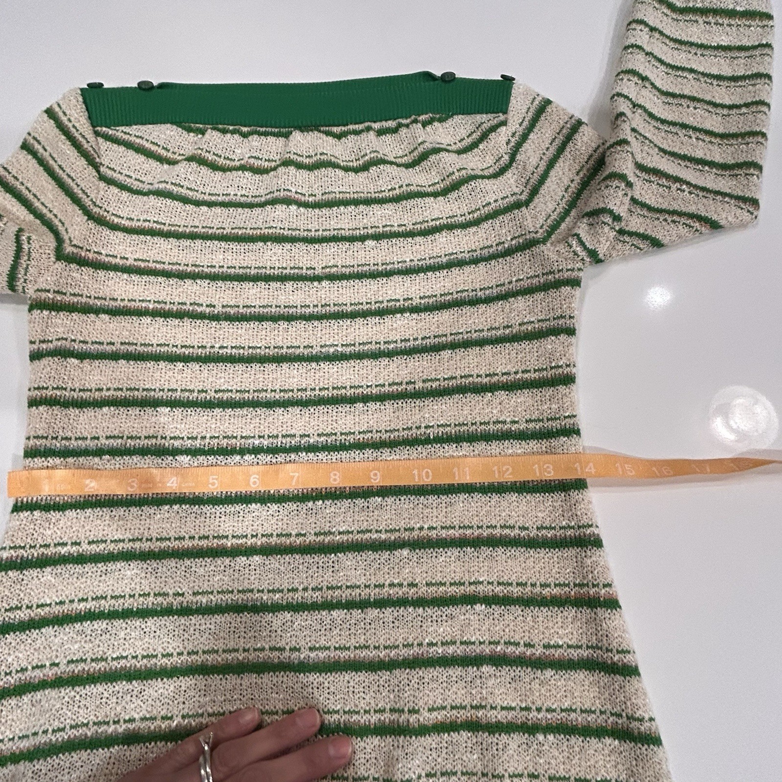Vtg 1970 Jerell of Texas Green Beige Metallic Striped Sweater Sheath Dress Sz 5