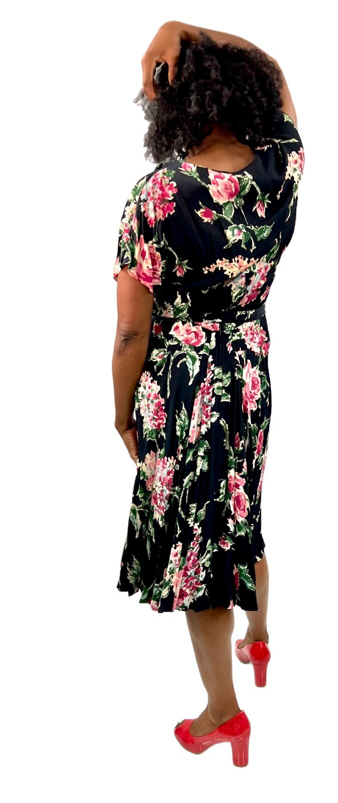 Famous Frocks VTG 1940s WW2 Black Rayon Floral Dress Pink Green Print Swing M