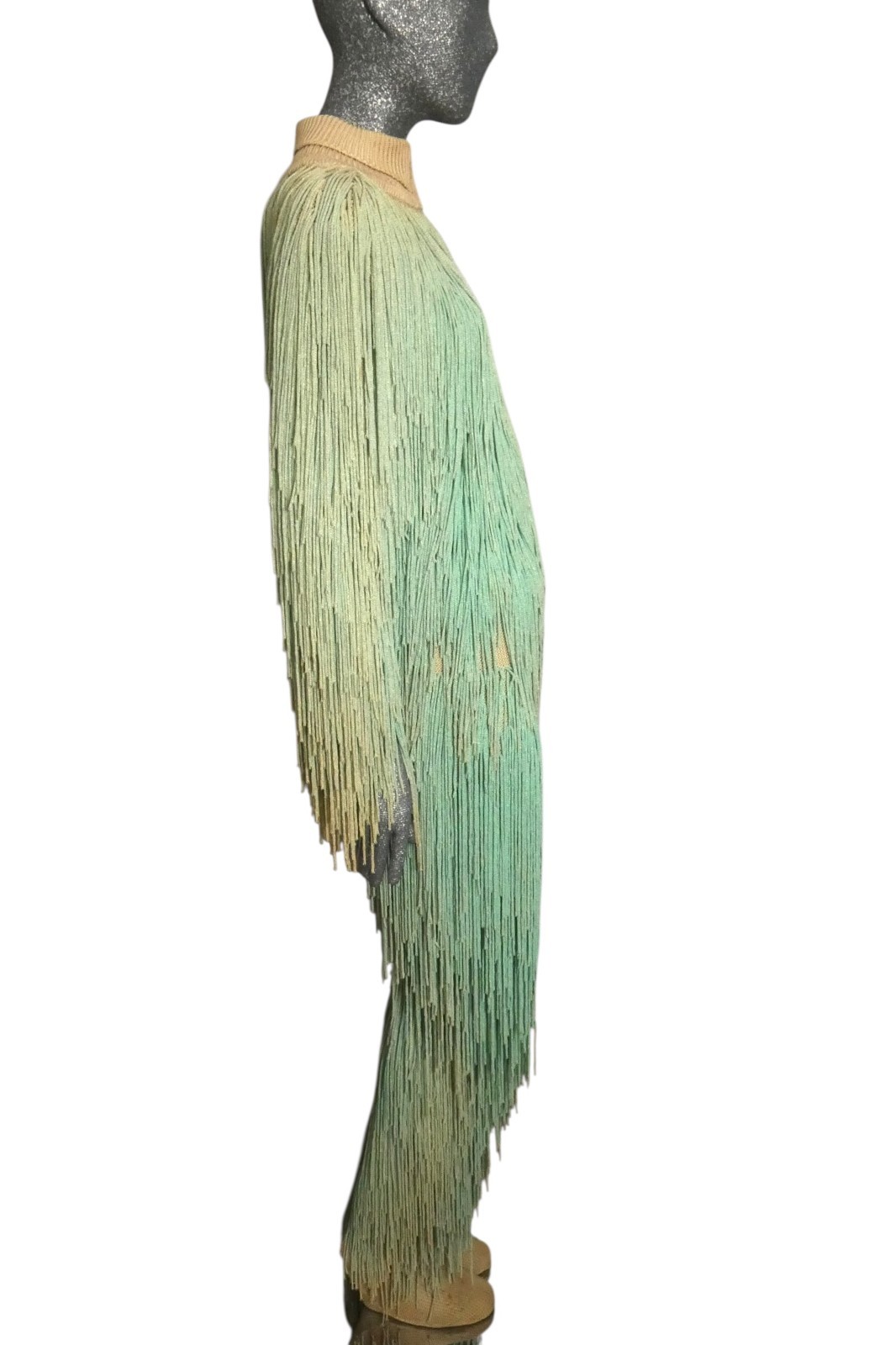 PIERRE CARDIN HAUTE COUTURE – 1973 Green Ombre Fringe Knit Ensemble, Size-4