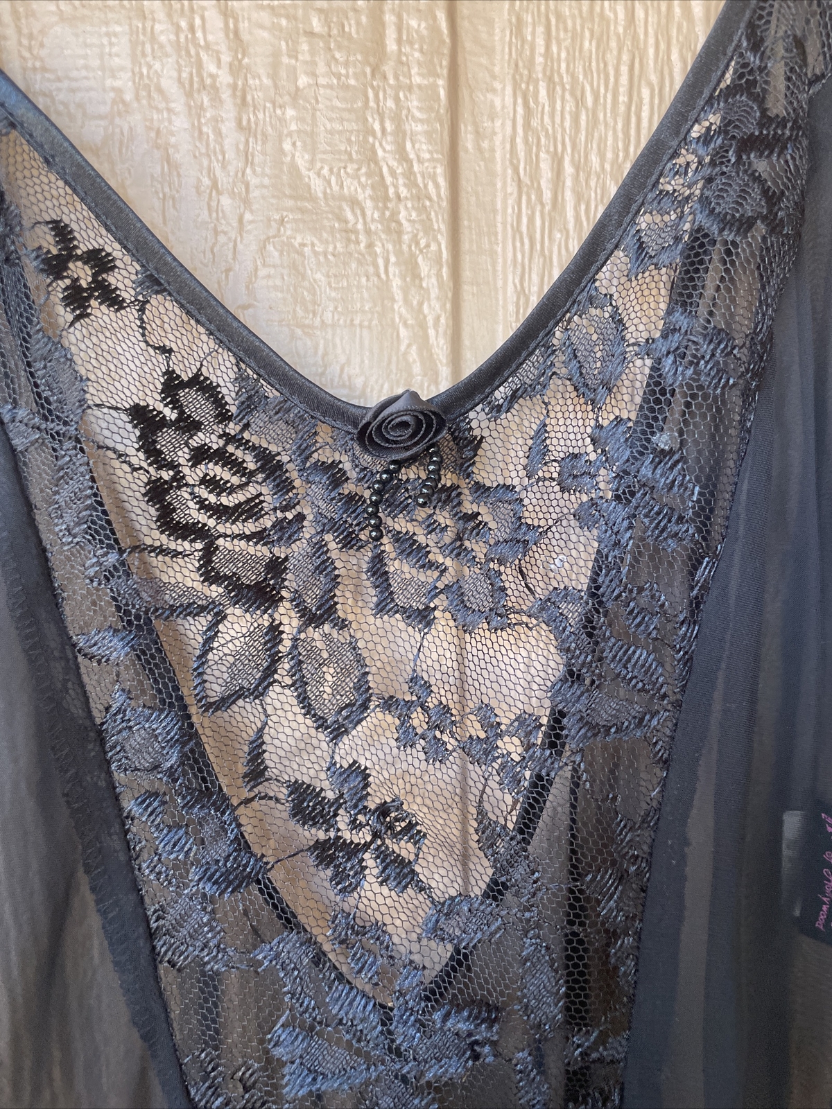 VINTAGE by FREDERICK’S of HOLLYWOOD BLACK Chiffon LACE Négligée NIGHTGOWN M sexy