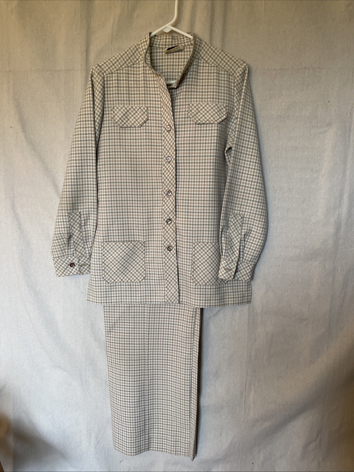 Brownstone Studio Vintage Pantsuit 1970’s Poly Double Knit Neutral Plaid Cool!