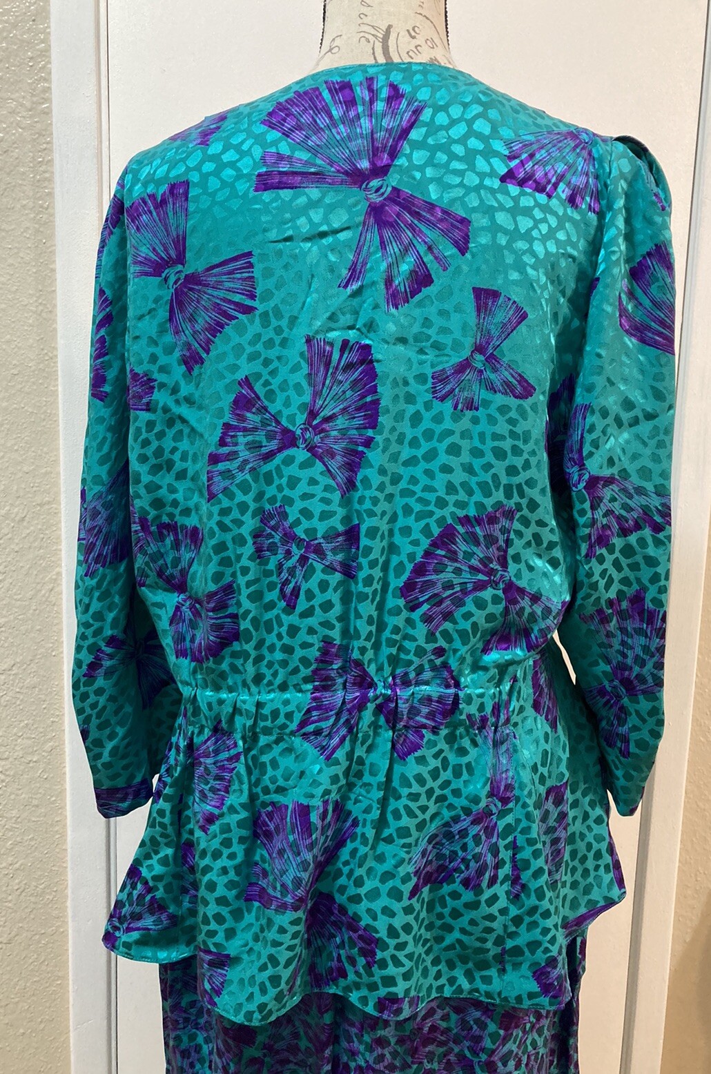 NORA NOH Asymmetric Blouse Maxi Skirt Set 100% Silk Jewel Green Purple Vtg 14