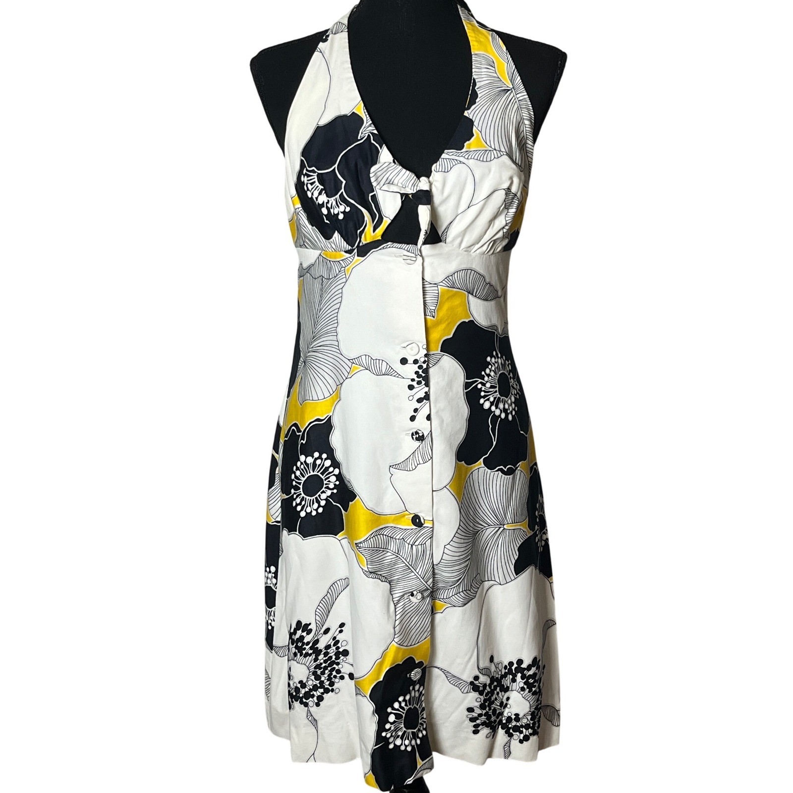 Vintage Sun Fashions Hawaii Floral Dress 12 Halter Button up Blk, yellow white