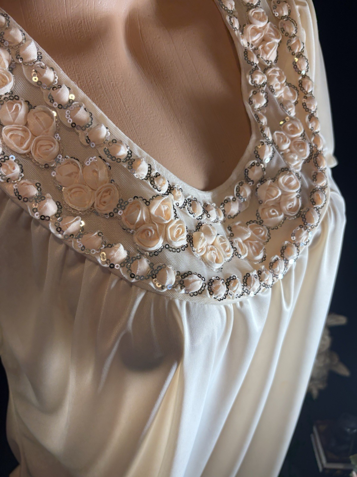 Vtg Satin Soft CreamSickle Shiny Silver Sequins Gown Sheer Long Dress Nightgown