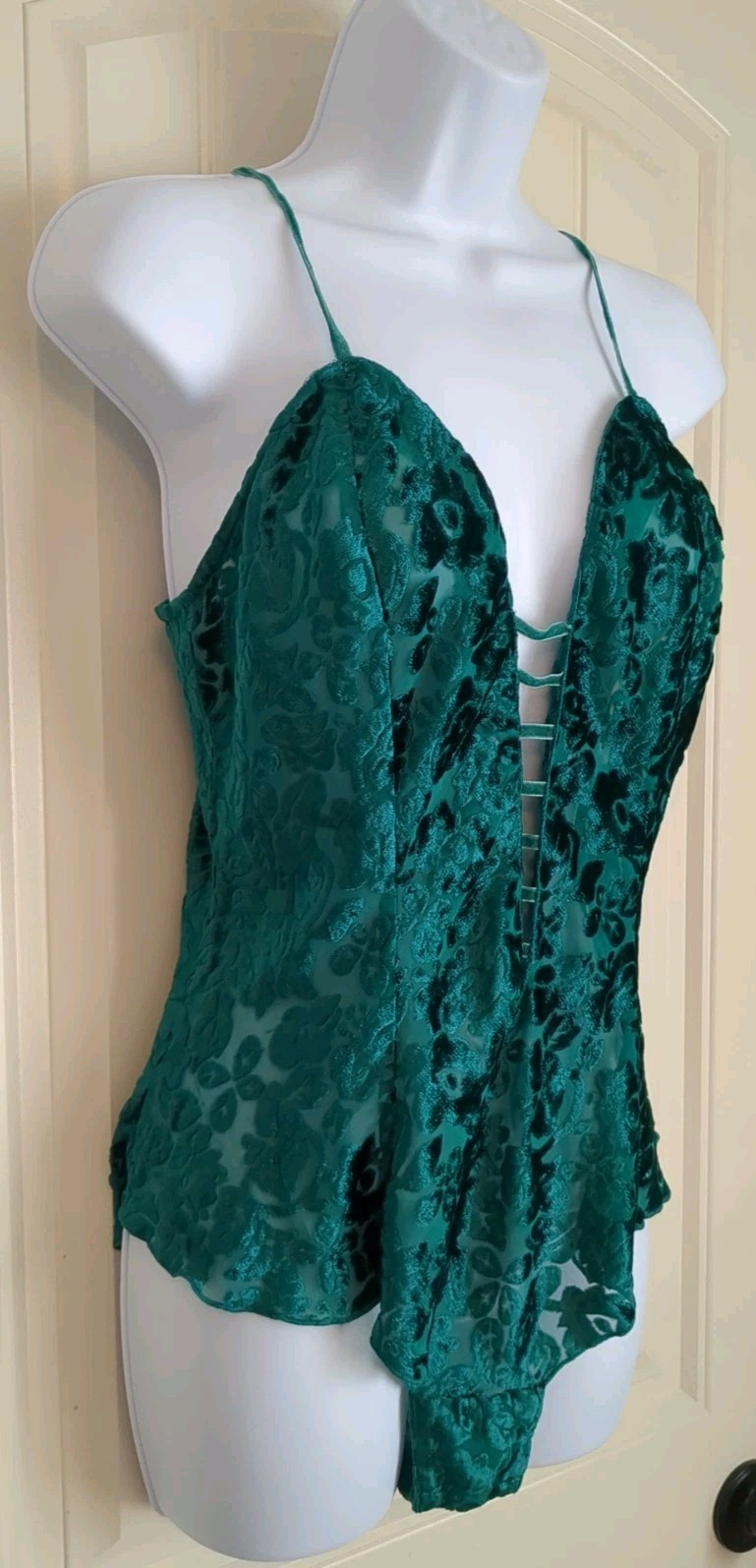 Vtg Victorias Secret Teddy Flutter Leg Green Velvet Burnout Gold Label Small