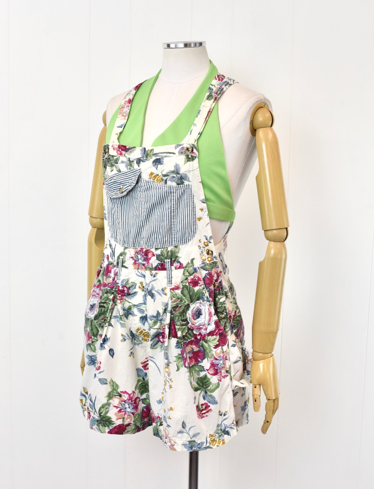 Vintage 1990s Rose Floral Print White Cotton At Last Romper Overalls Shorts