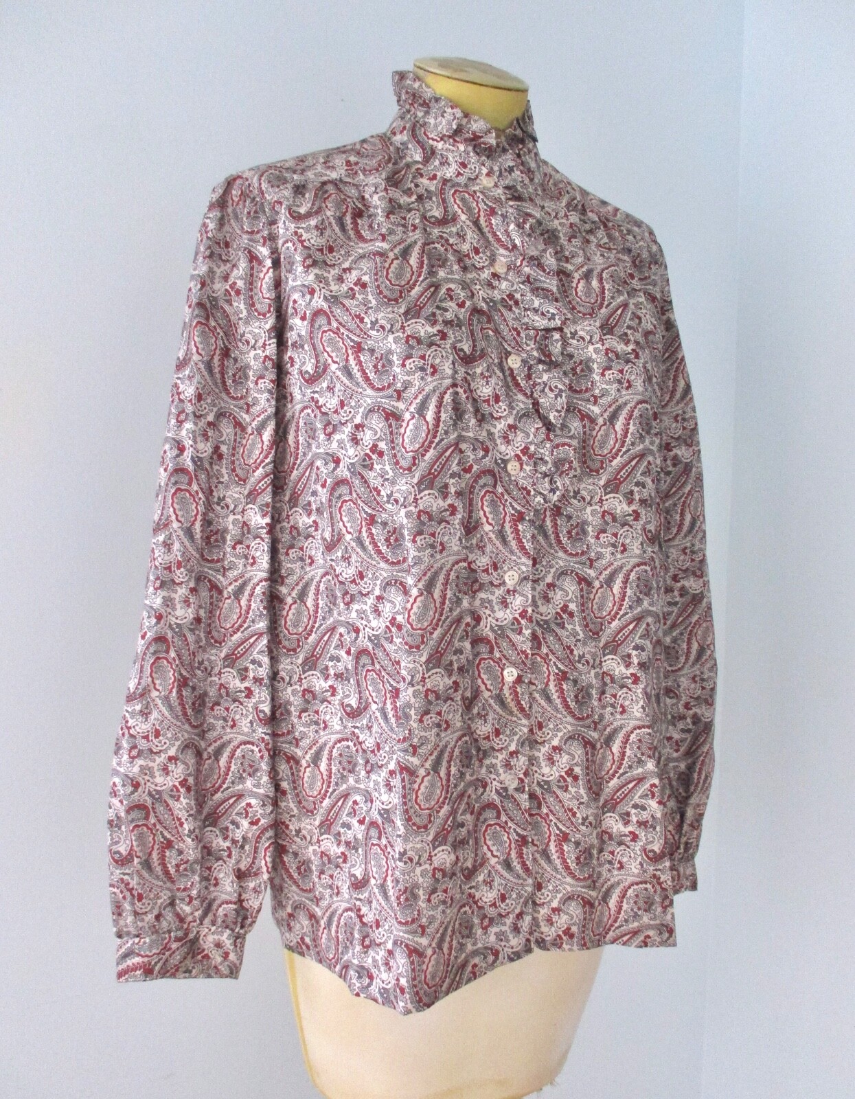 Vtg 70s 80s Red Gray Paisley Silky Tuxedo Ruffle Secretary Blouse High Neck 18
