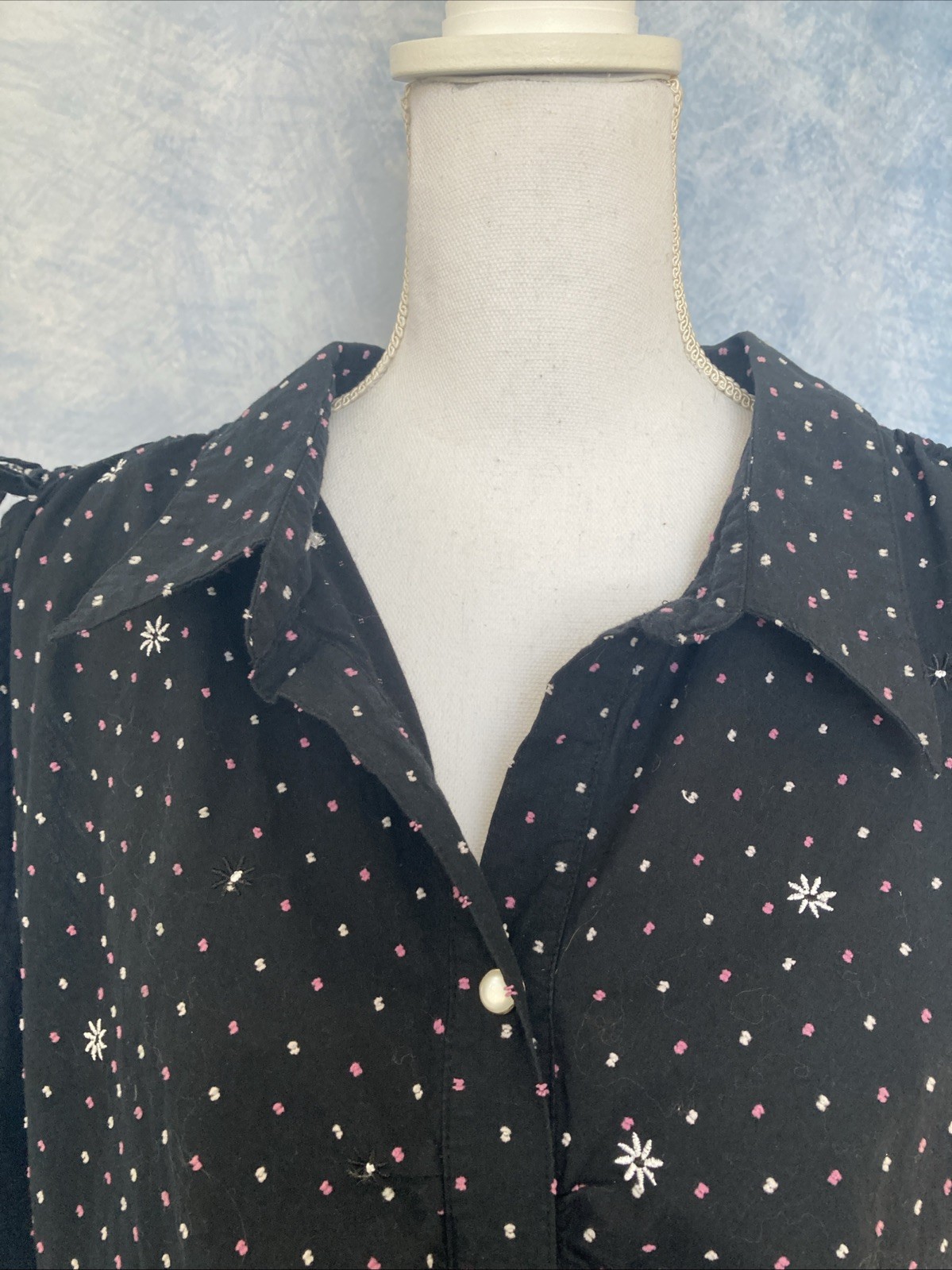 Vtg 90s Fashion Bug Plus Size Blouse Black Pink White Polka Dot Star Embroidered