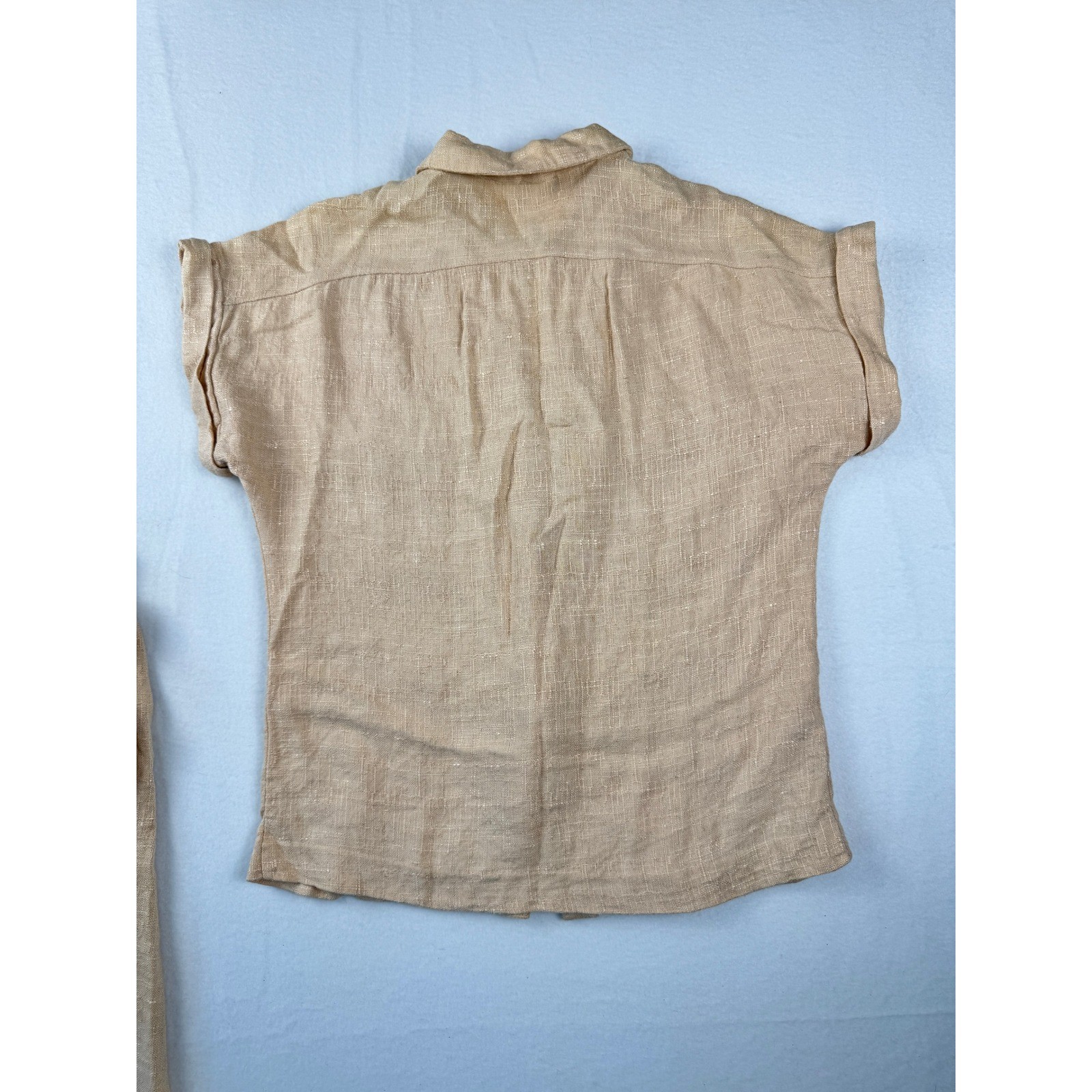 Vintage 70’s Linen Blend Neutral Two Piece Skirt Set Tan Short Sleeve Top Midi