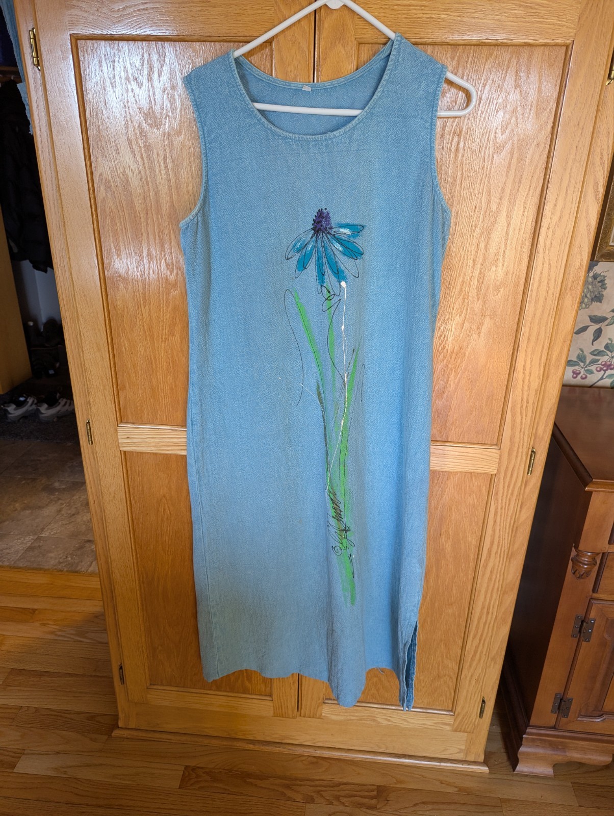 VINTAGE FOCUS MAXI SHIFT DRESS ARTISTIC FRONT WOMEN L BLUE