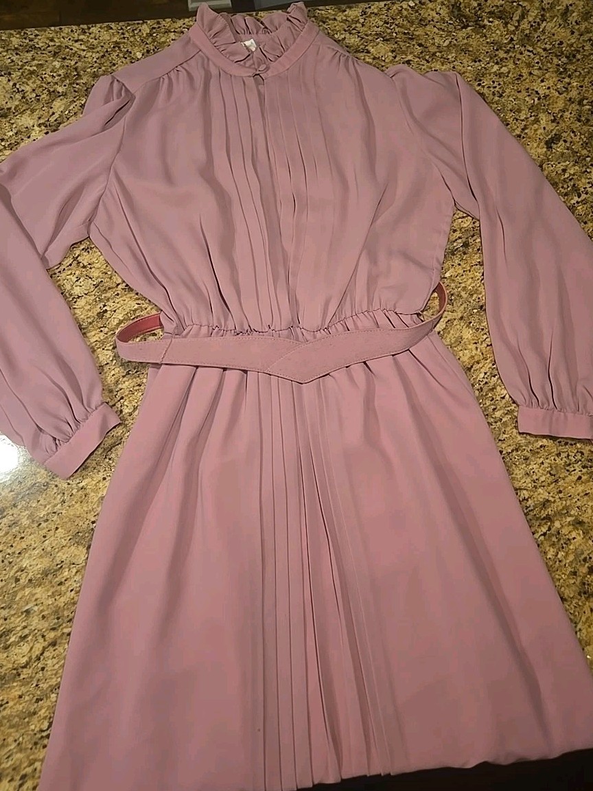 Vintage 70’s Mauve Rose Maxi Dress Pleated Front Sheer Poly Chiffon Style