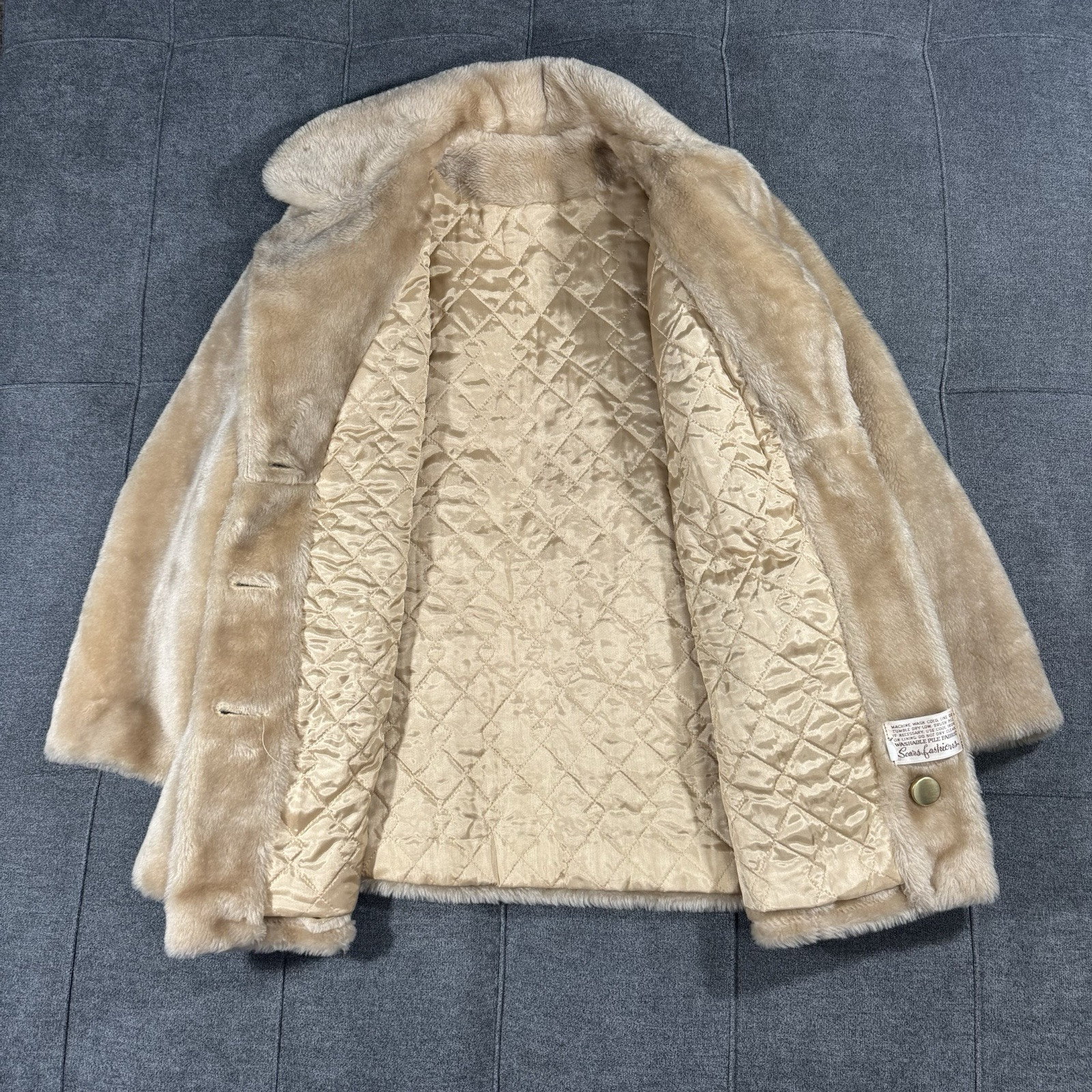 Vintage Sears Coat Womens 12 Faux Fur Camel Beige Gold Buttons Double Breasted