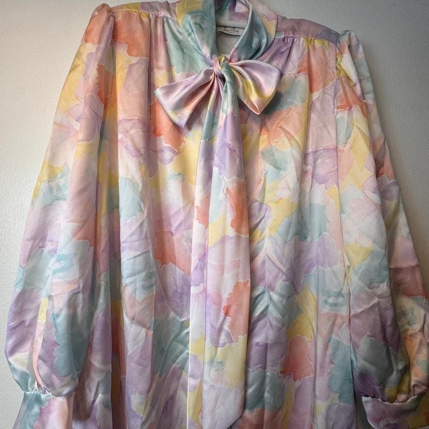 Lucie Ann Beverly Hills Vintage Pastel Floral Bow Robe Gown Large NWT USA