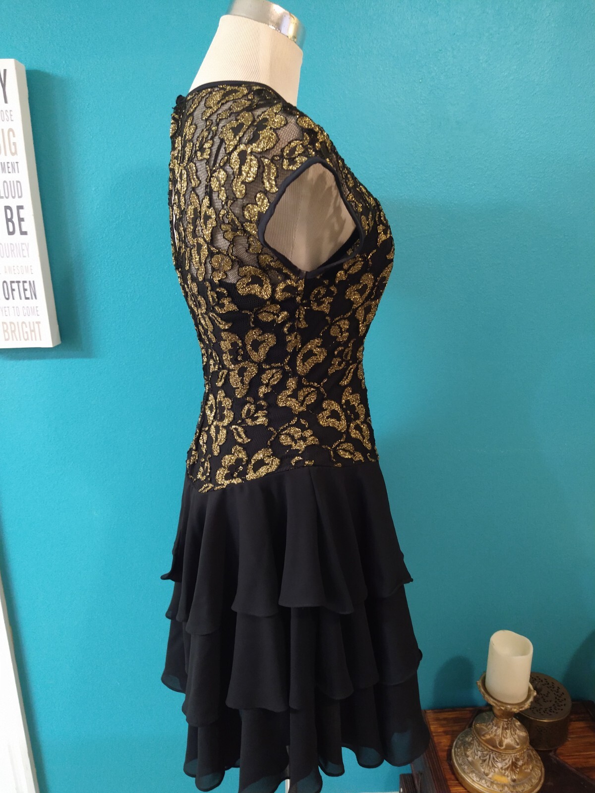VINTAGE Tiered Party Dress Sheer Gold and Black Lace Floral Late Edition Ltd.