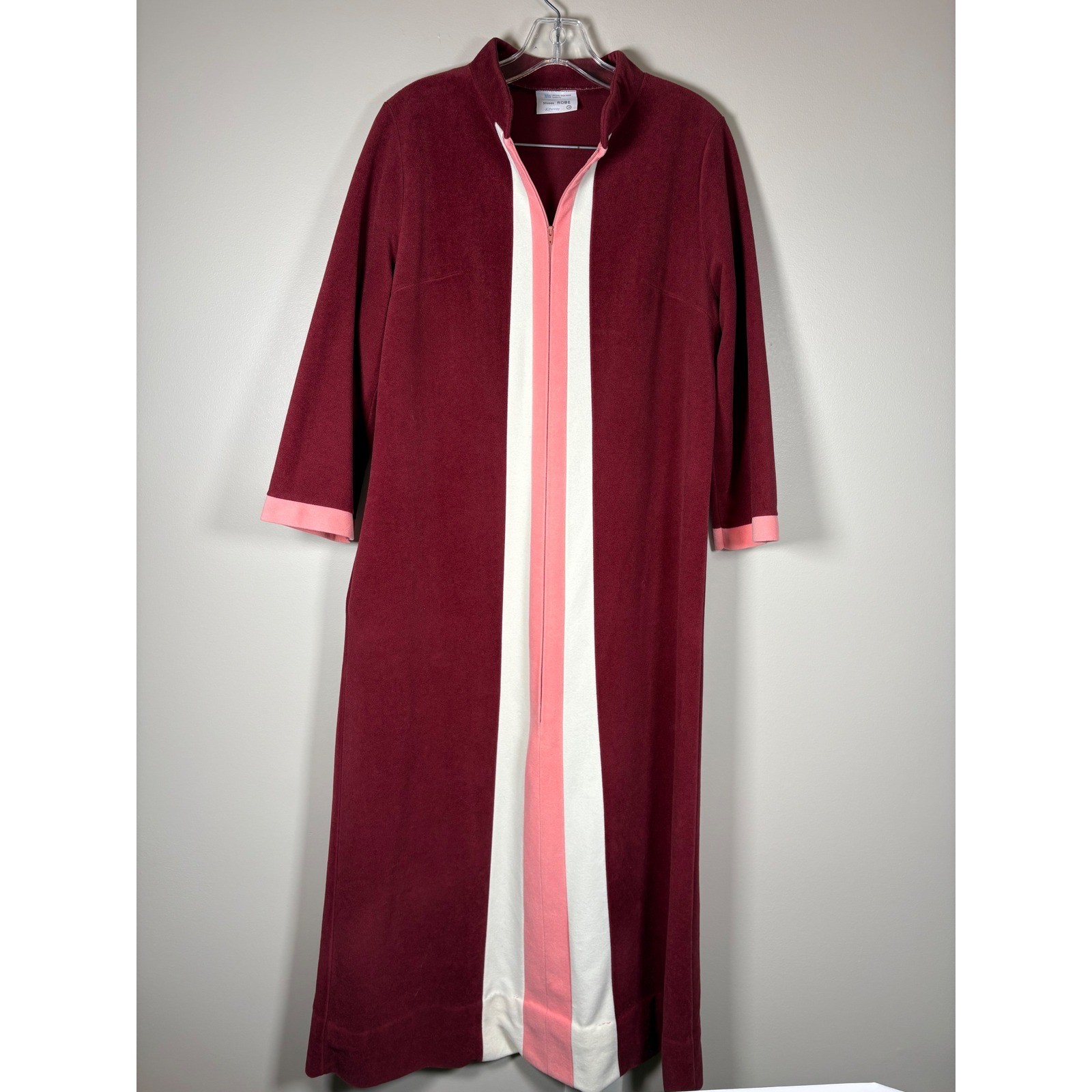 Vintage JCPenney Burgundy Velour Colorblock Zip Front Robe Housecoat Size 14 70s