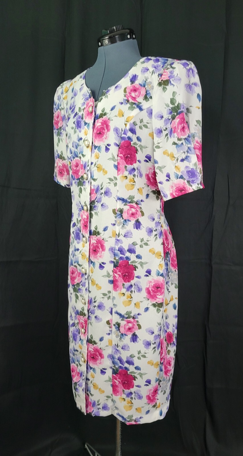 Vtg Caroline Wells White Floral Princess Seamed Shift Dress w Buttons Size 14