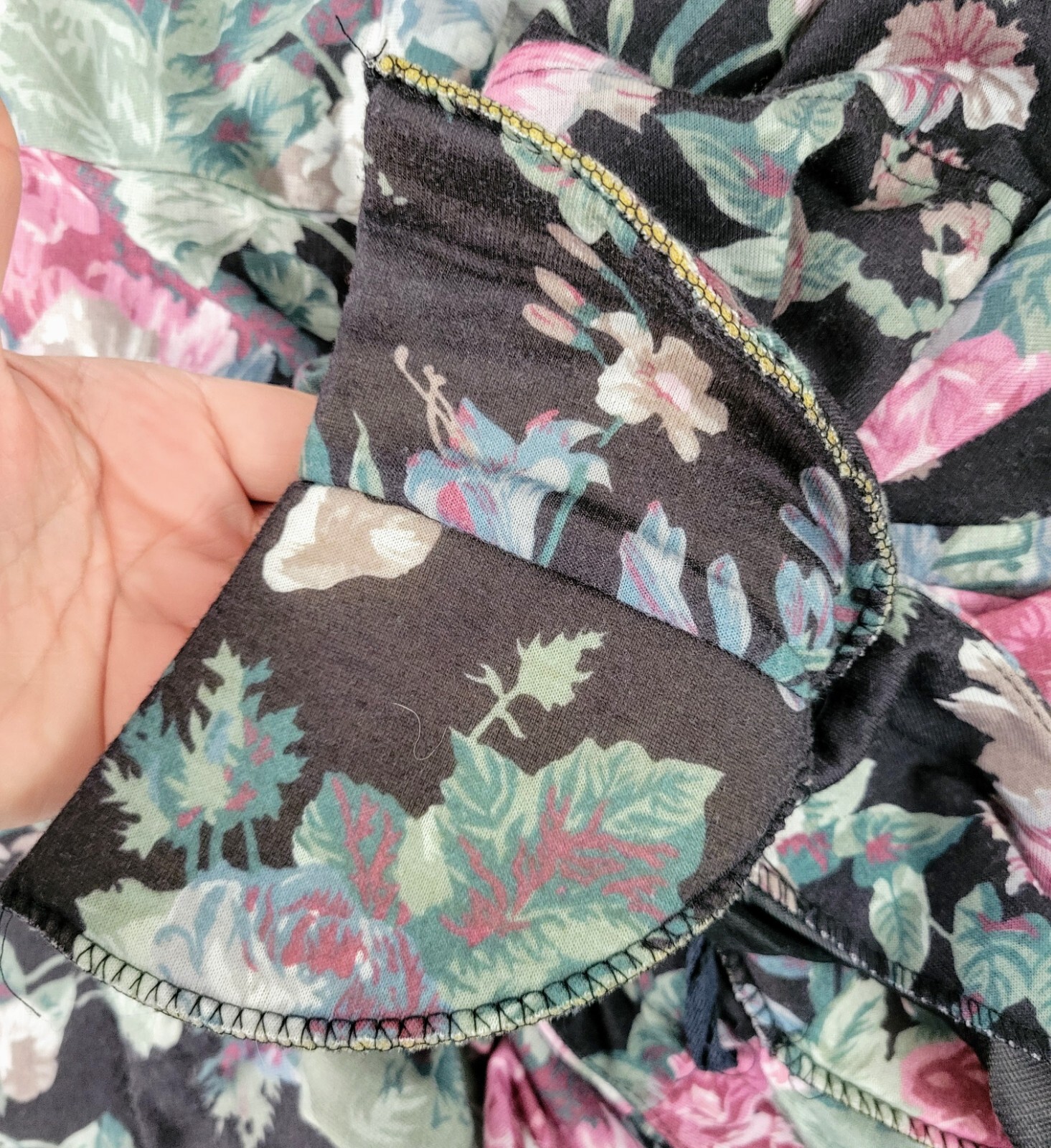 Vintage Meryl Fashions Ltd Black Blouson Dress w Pink & Green Florals Size 12