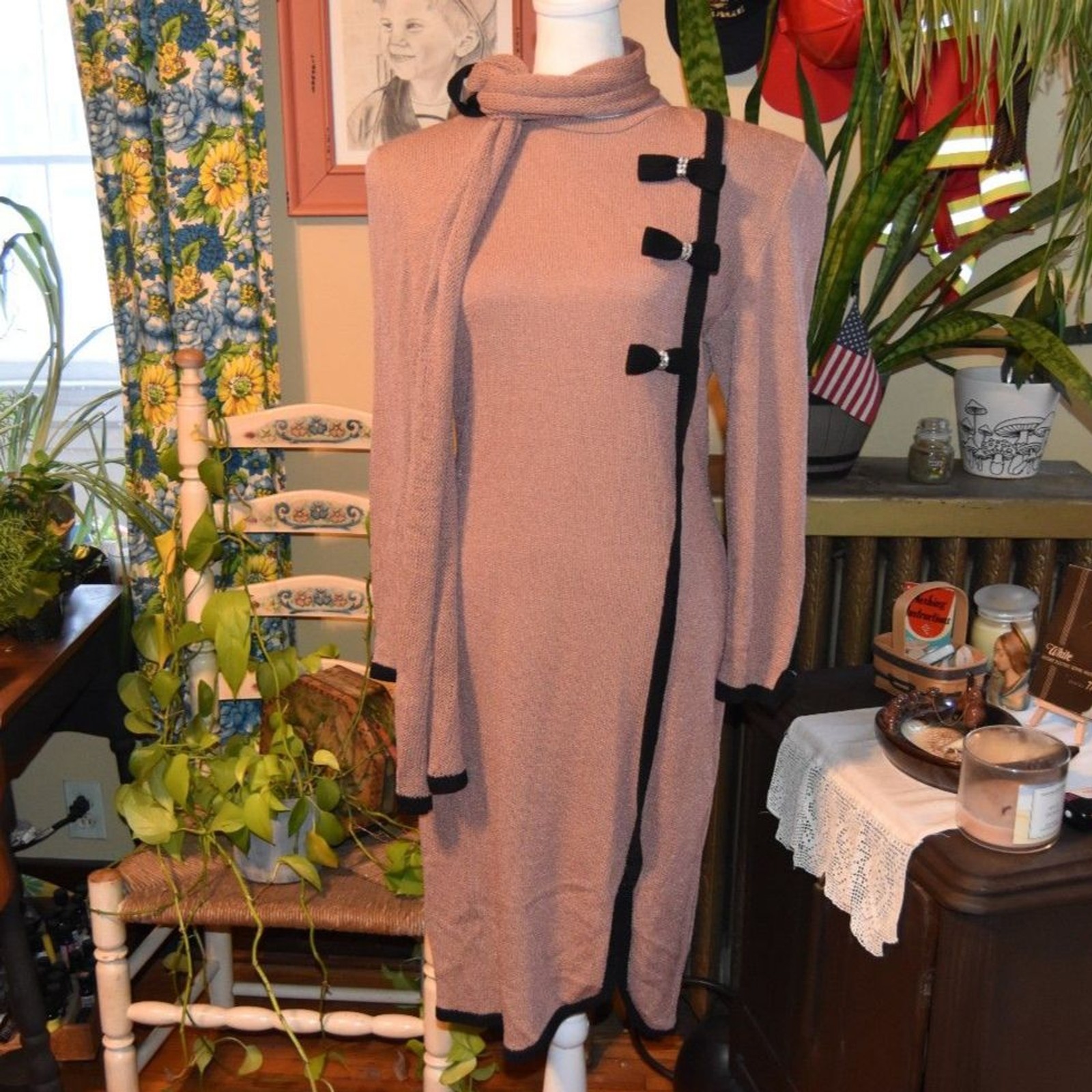 Vintage Miss JoAnn of CA 70s Does 40s Knit Dress Rhinestone Accents w-Scarf Med