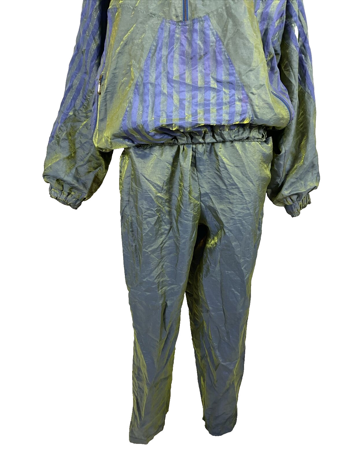 80s 90s Shiny iridescent Purple Green Tracksuit Jacket Pants Vintage L Striped