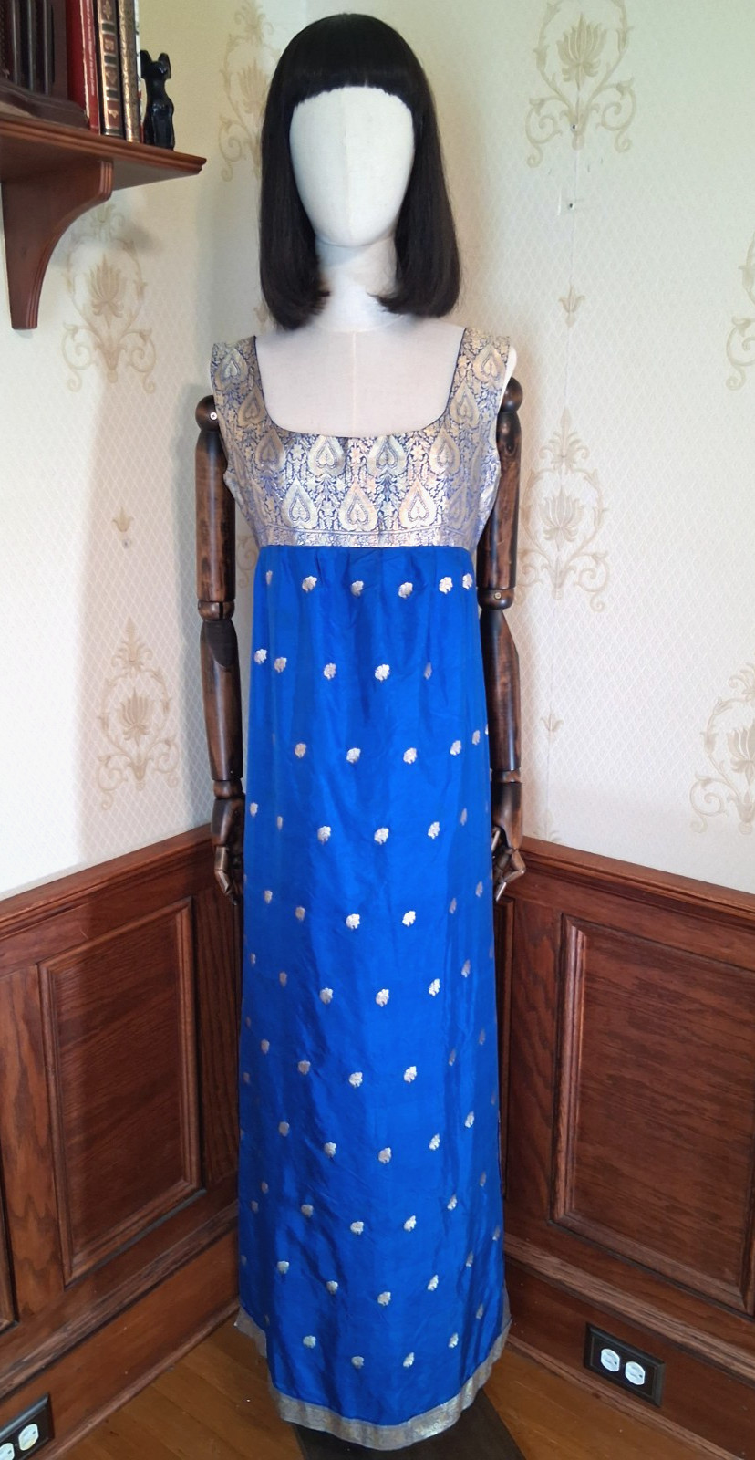 Vintage 1960s Blue Gold Sari Silk Empire Waist Regencycore Mod Hostess Dress