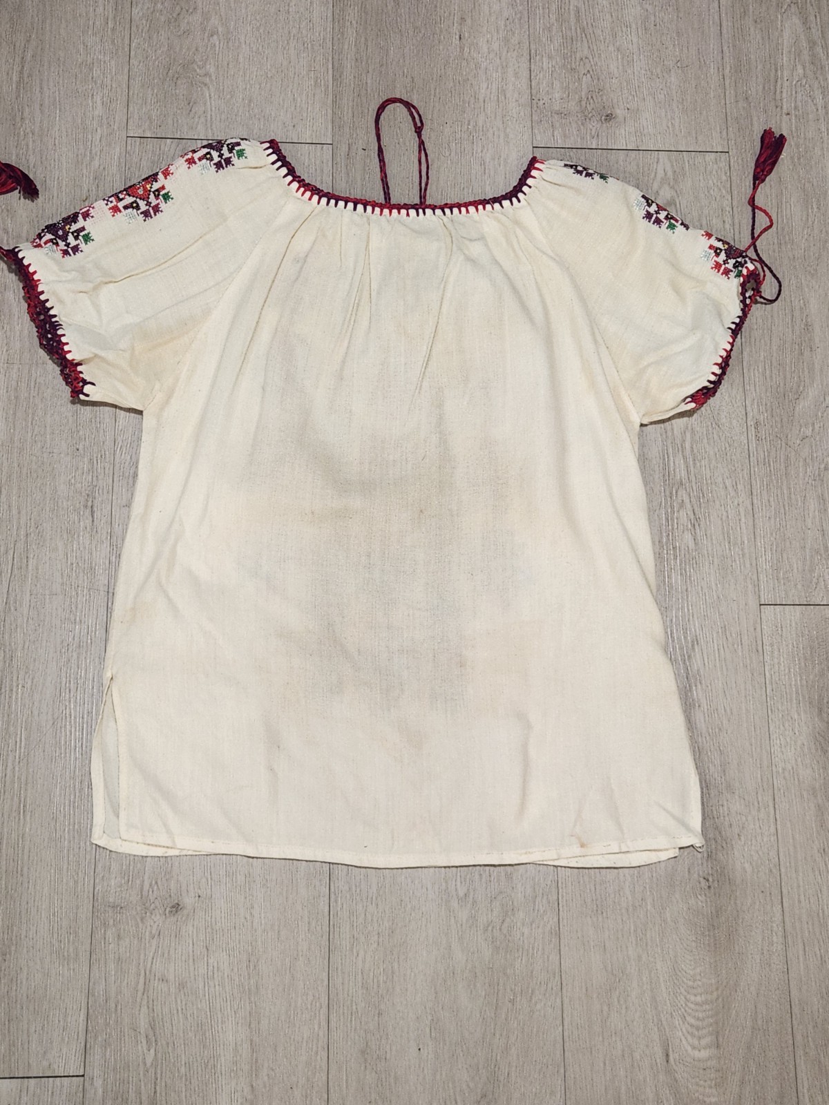 Vintage Hand Embroidered Romanian Folk Blouse Boho Ethnic Peasant Top White L/XL