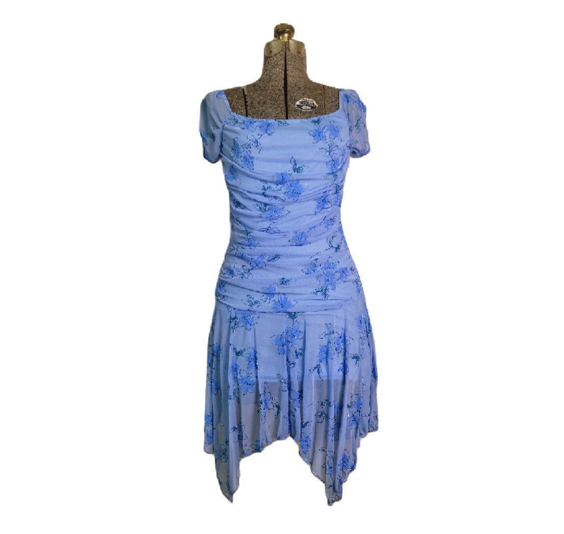 Vintage 90s Y2K Taboo Blue Floral Drop Waist Asymmetrical Hem Prom Hoco Size S/M