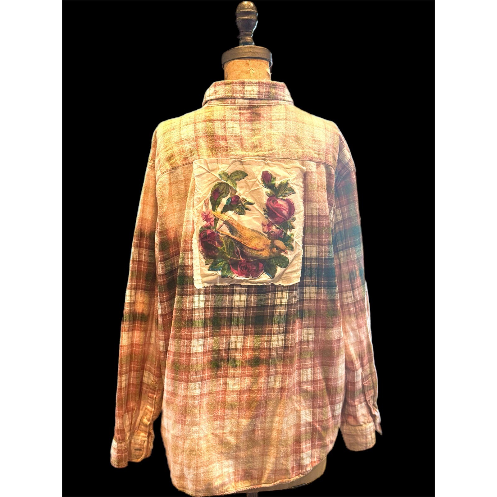 Upcycled Bird Rose Flannel Shirt XXL Cotton Folk Art Grunge
