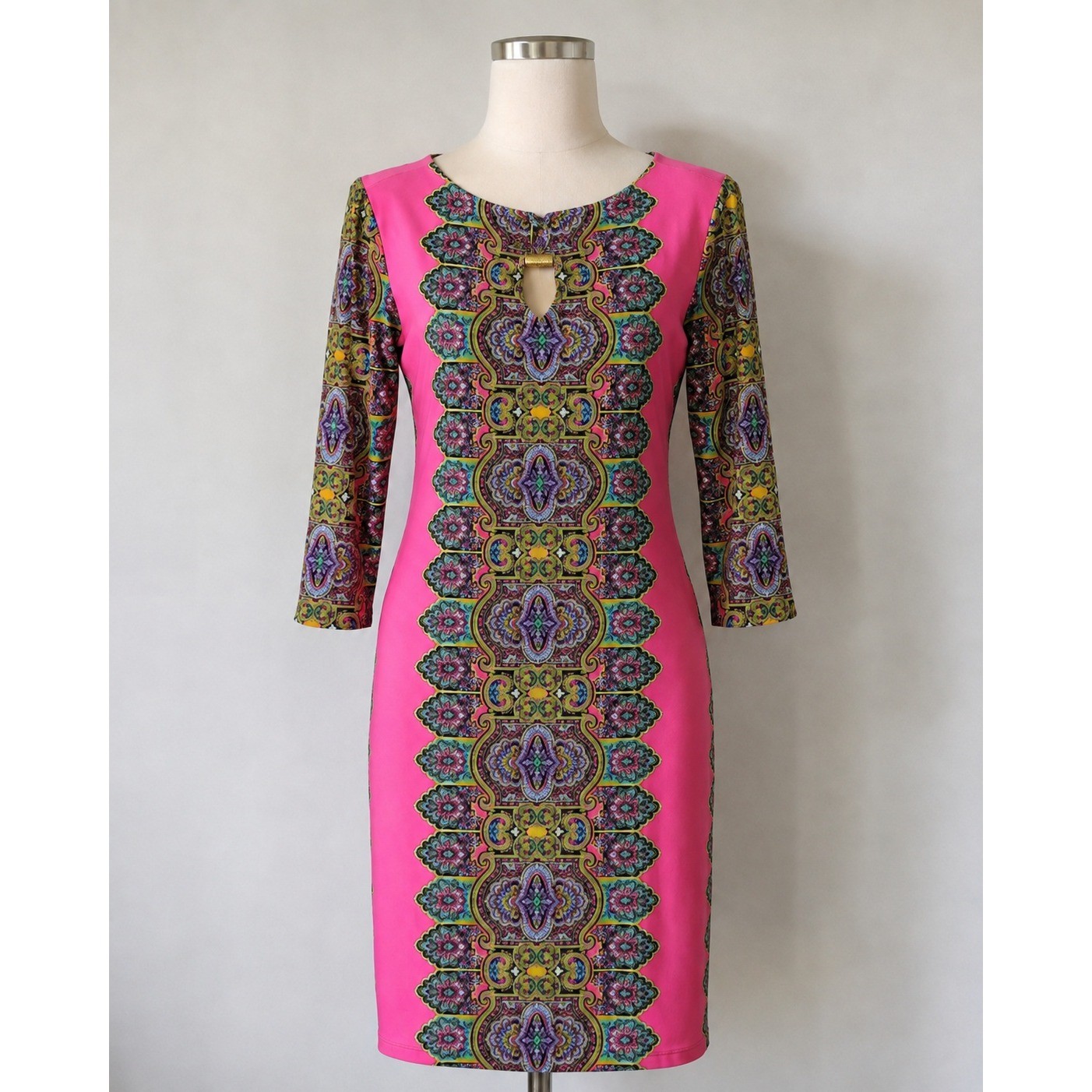 Emma & Michele Tunic Dress Women’s Large Pink Paisley 3/4 Sleeve Keyhole Neck