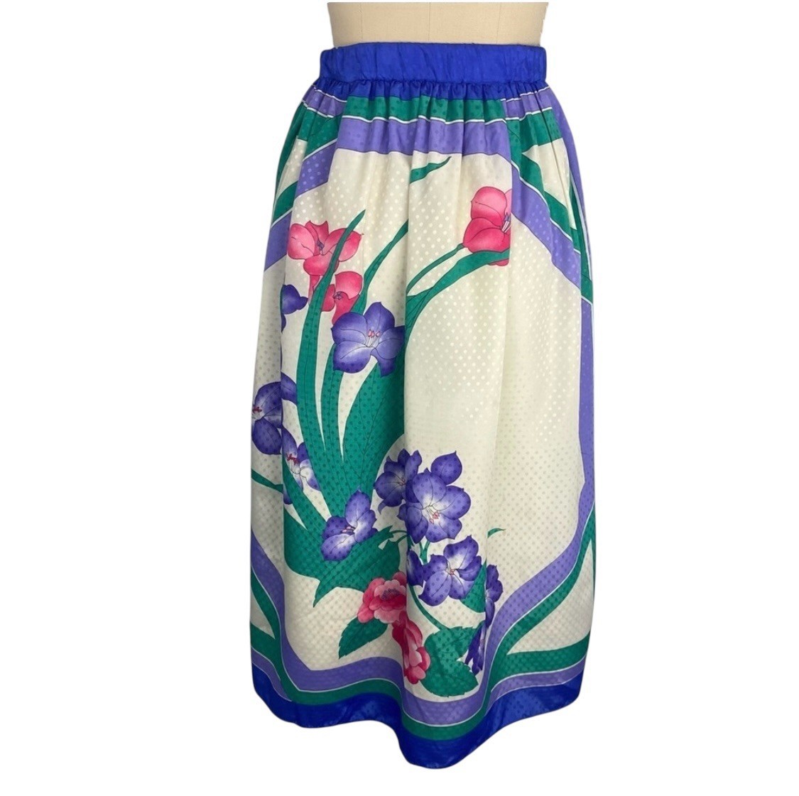 Vintage Tropical Floral Midi Skirt Blue Purple Green Elastic Waist Size MEDIUM