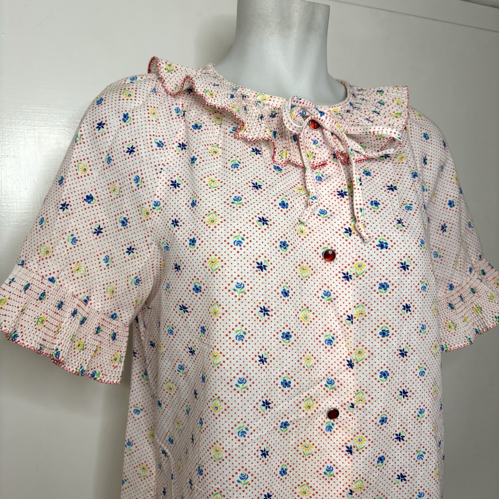 Vintage 80s Dan Ellen Primary Color Snap Up Ruffle Floral Polka Dot Robe