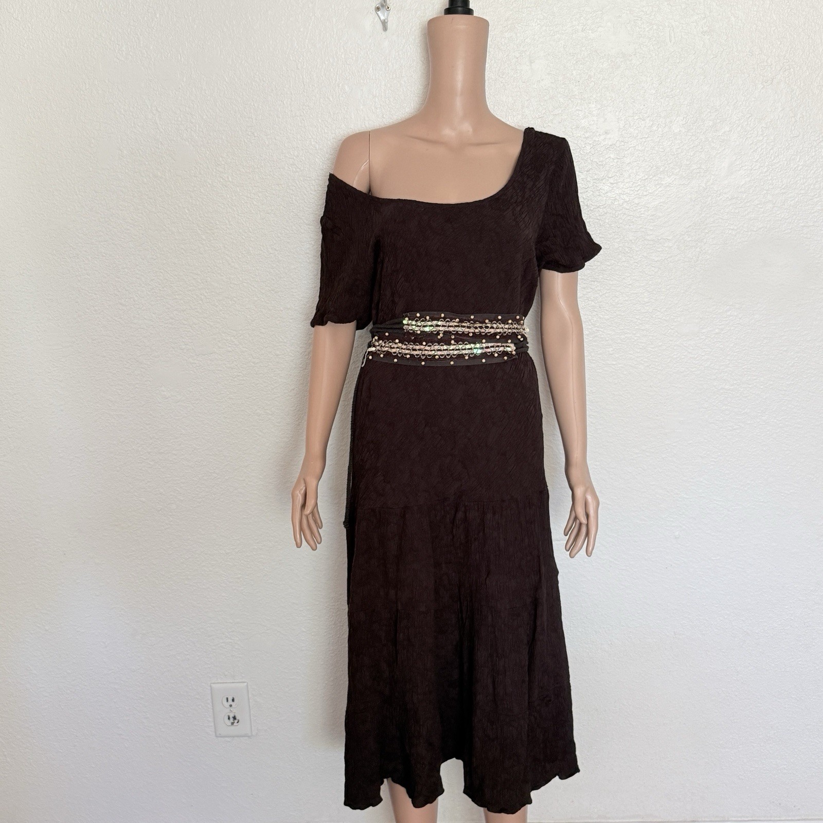 Vtg 2000s Dress Barn Brown Crinkle Peasant Dress w Sequin Belt Sz XL Boho Witchy