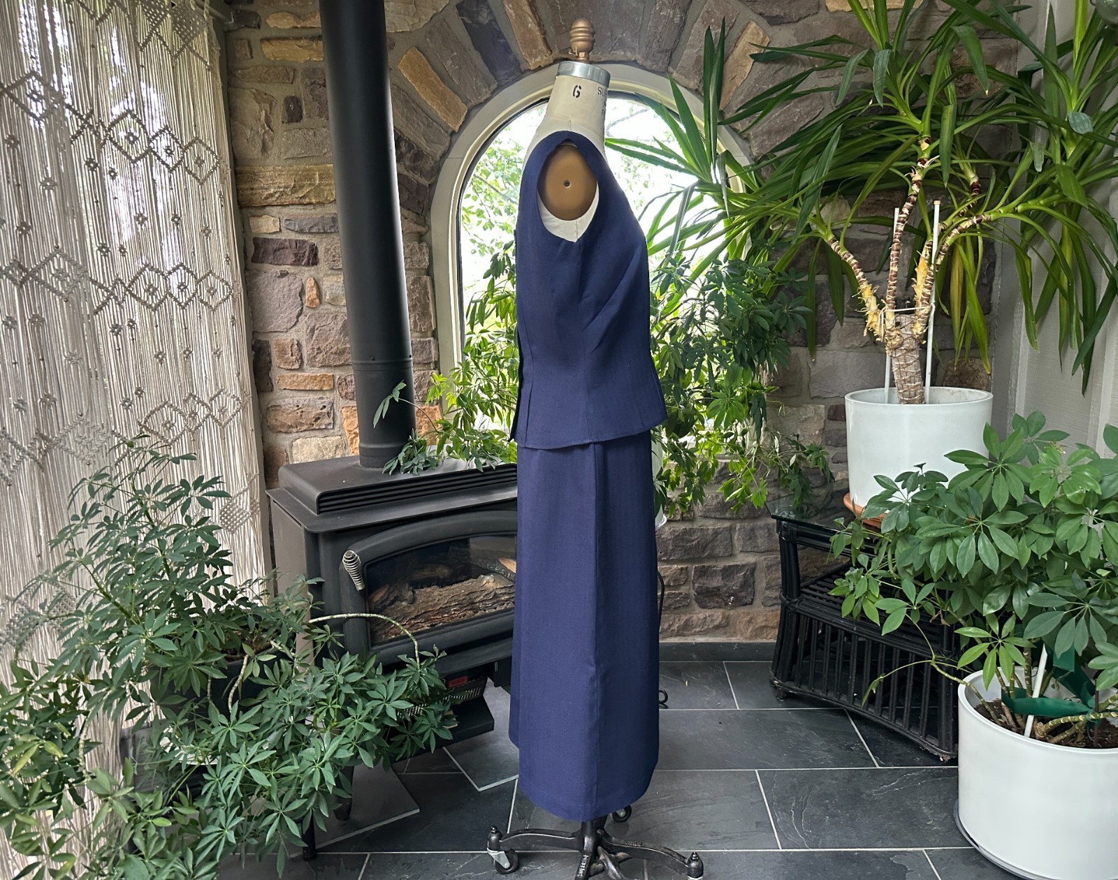Vintage 1950s Nelly de Grab Navy Blue Textured Linen Look Rayon Skirt Suit Set