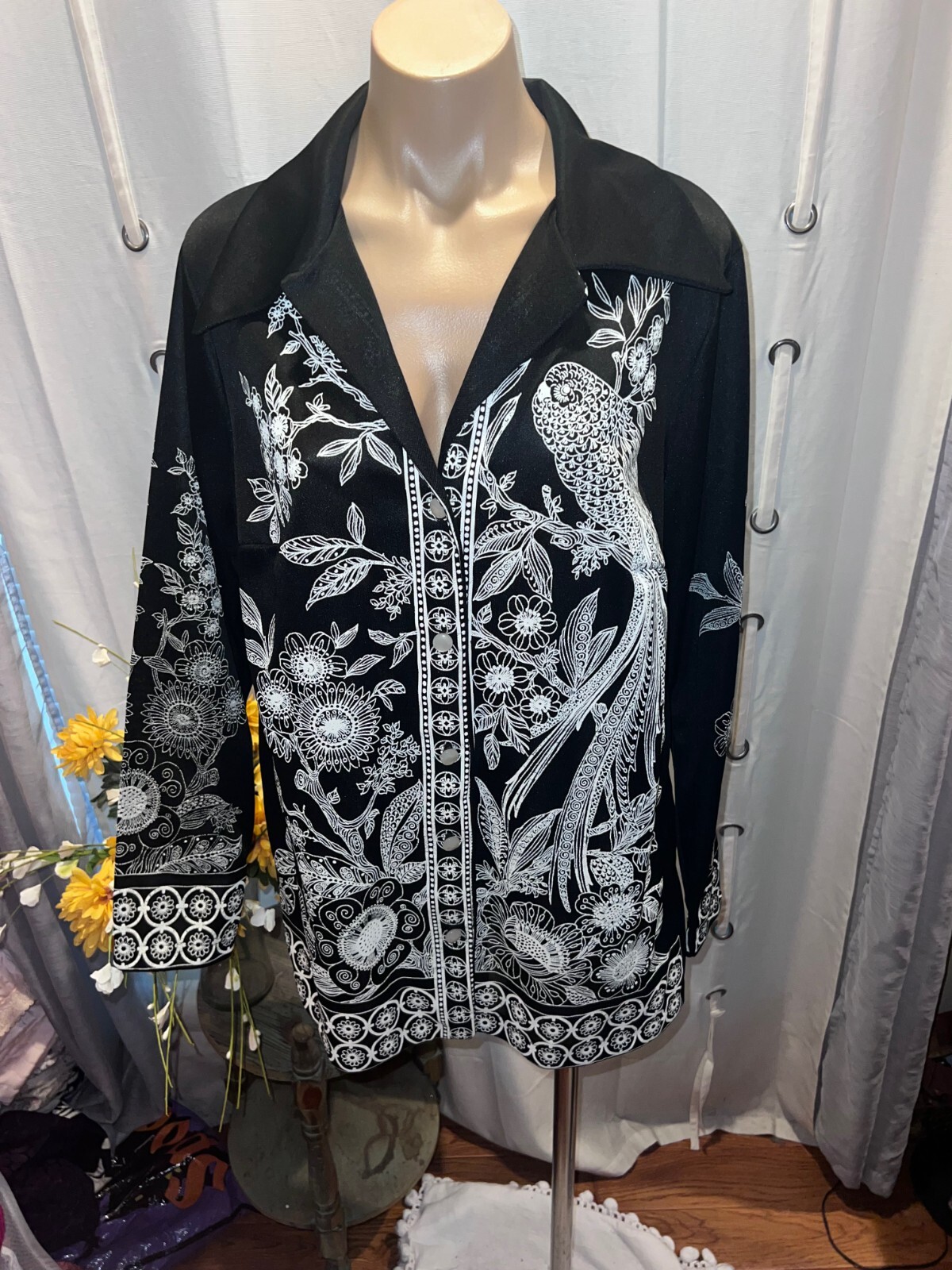 Vtg 70s Lady Caper Mates Button Up Long Sleeve Bird Design Blouse Top Sz L NWOT
