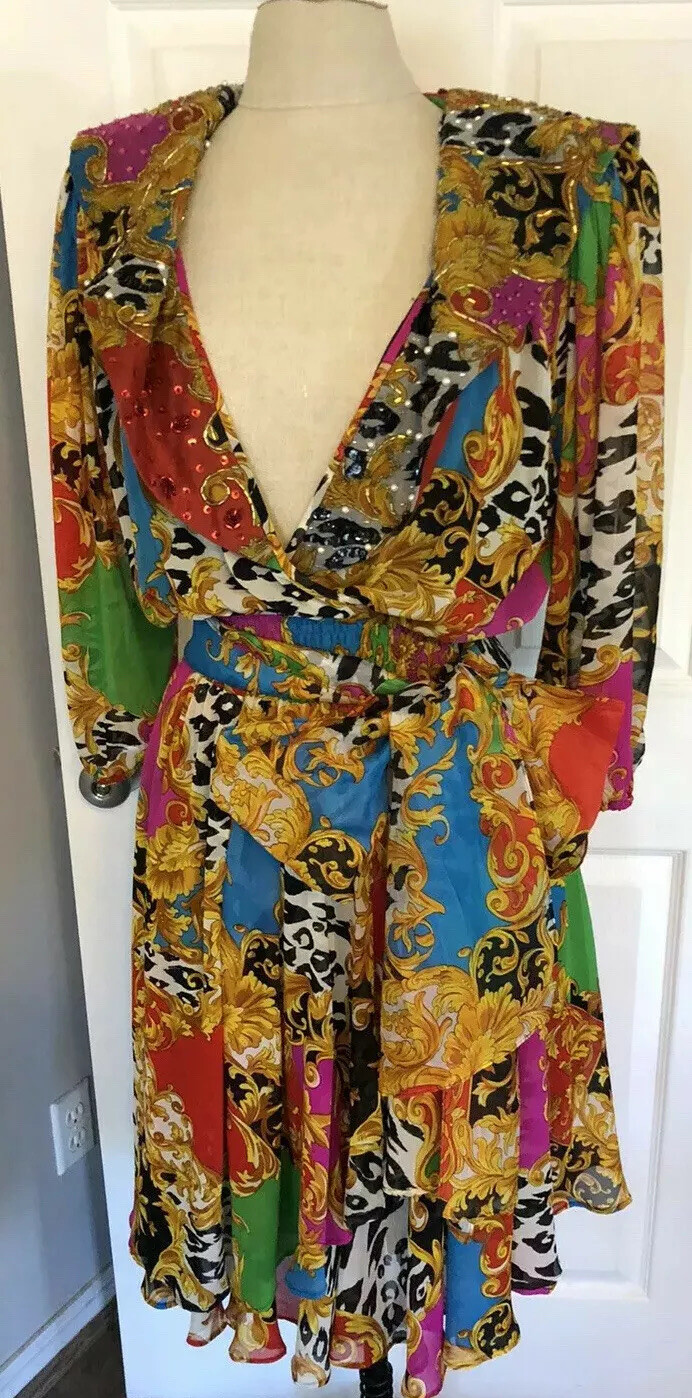 Vintage 80s Diane Freis Beaded Baroque Dress Ruffle Collar Puff Balloon Sleeves
