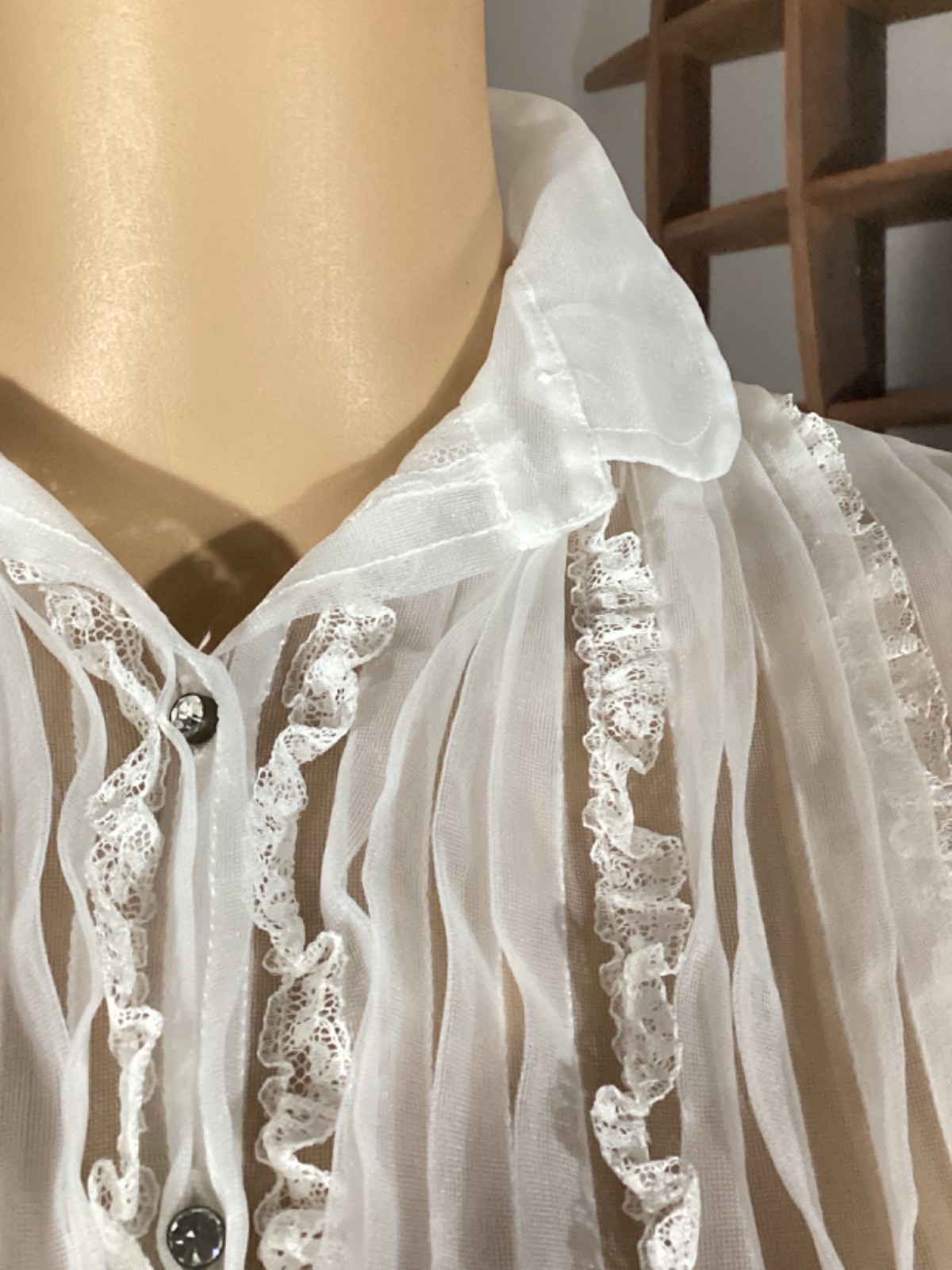 Vintage 1970’s White Sheer Nylon Prairie Farmhouse Victorian Revival BLOUSE