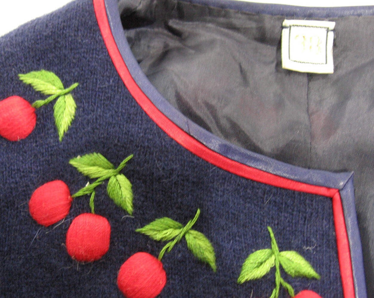 Women’s 50s Cherries Cardigan Sweater Vintage Dark Blue Small to Medium