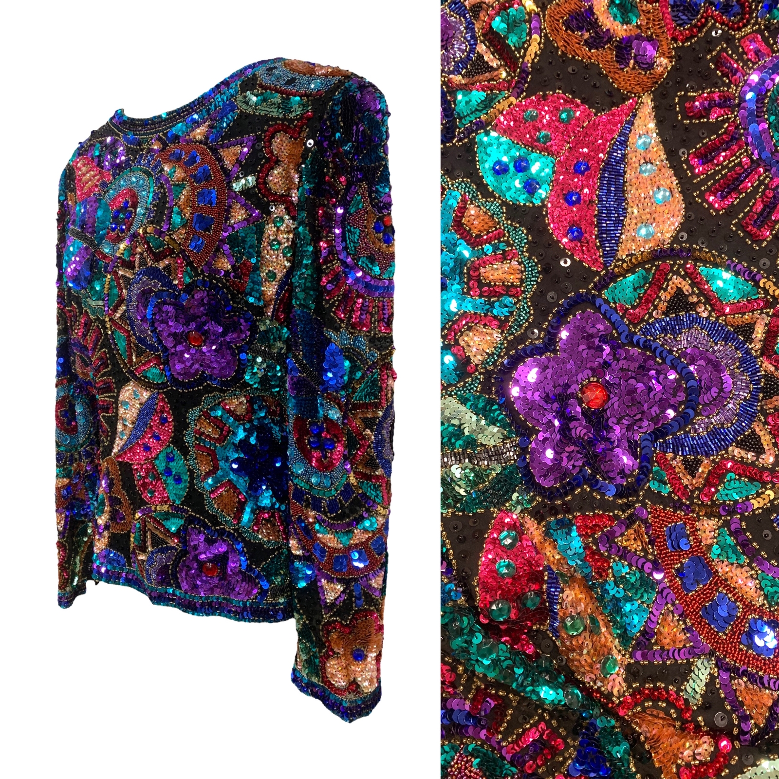 Vtg Vintage 1980s 80s Designer Oleg Cassini Heavily Beaded and Sequin Black Top