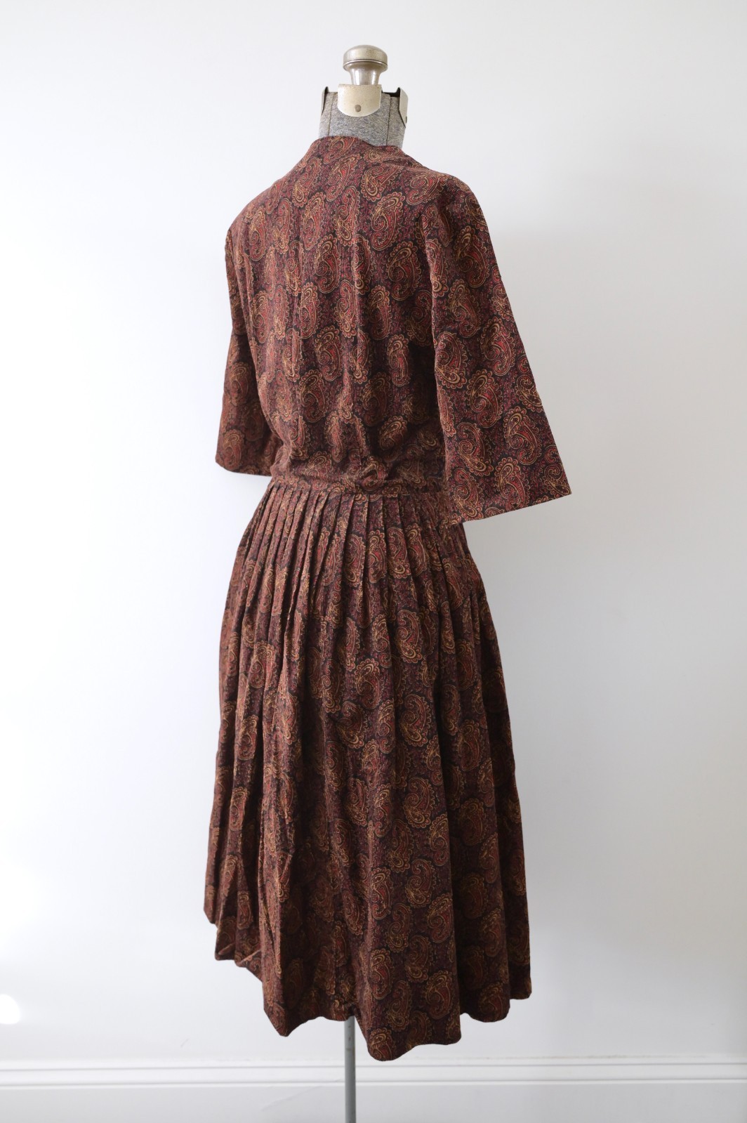1960s COS COB Black Brown Red Paisley Corduroy Fit and Flare Button Front Dress