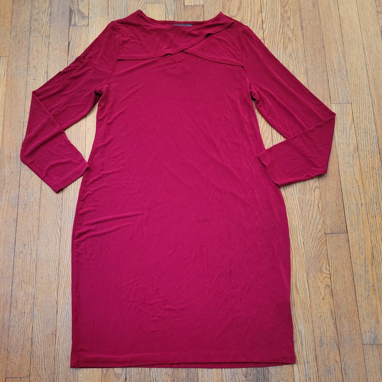 Chicos 2 Liquid Knit Slinky Midi Classic L 12 Red Dress Sheath Keyhole neckline