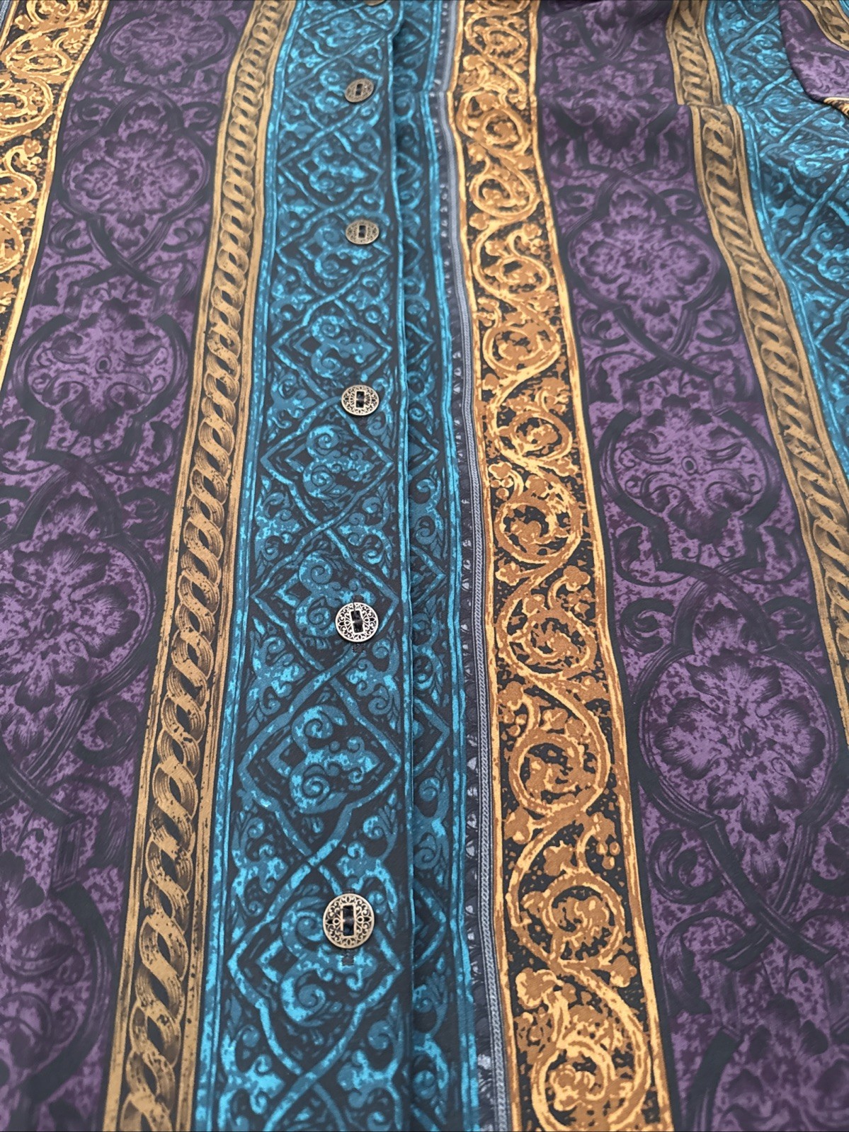 Vintage Bon Worth Blouse Teal Purple Gold button down, long sleeve medium petite