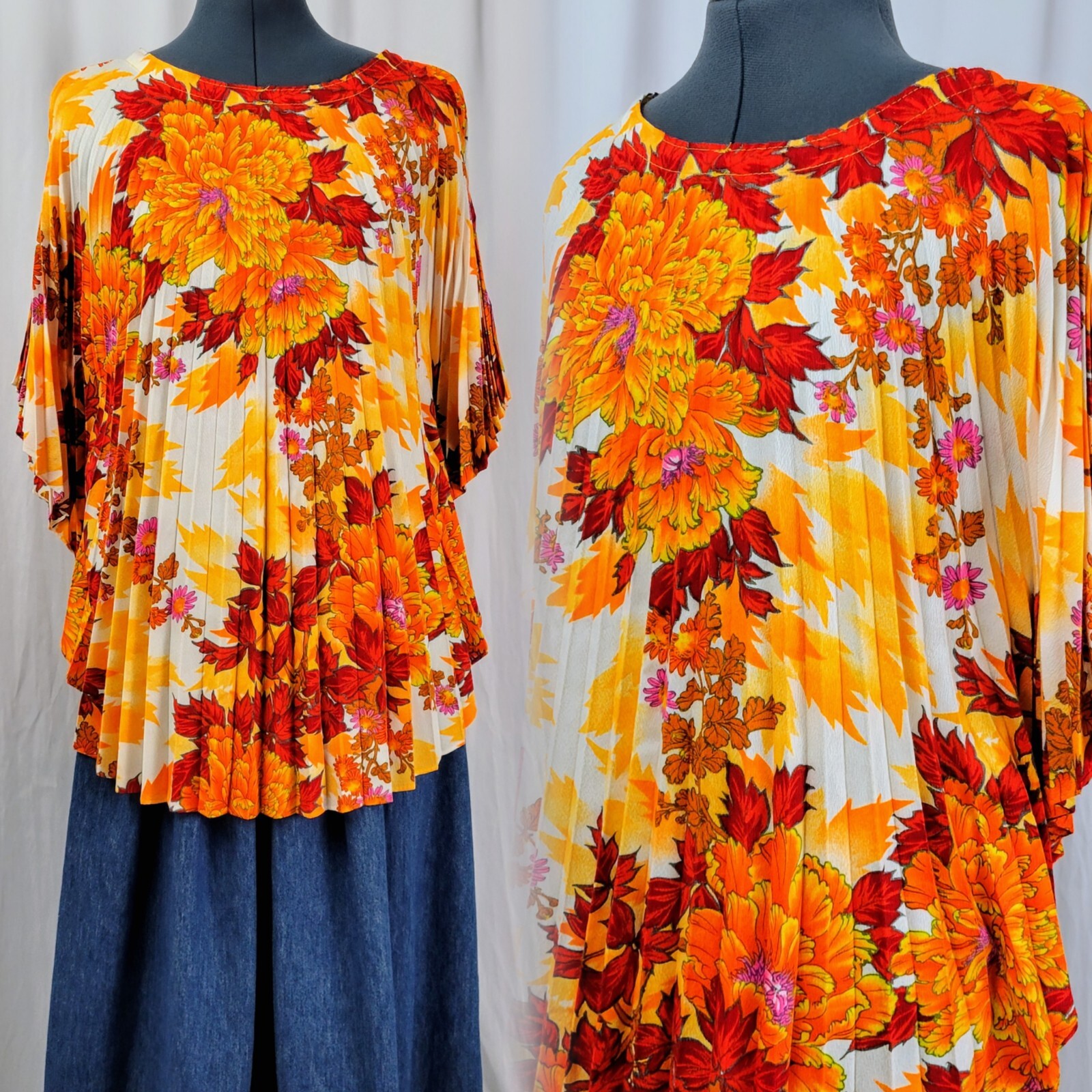 Vintage Orange/Red/White Floral Knife-Pleated Capelet Top One Size