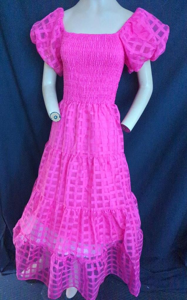 1970’s VTG. HOT PINK LONG PUFF SLEEVE RUFFLE REENACTMENT PROM DRESS-32″ BUST-NOS
